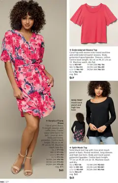 Preview of Surplice Floral Dress, Floral print dress, 3/4-length sleeves and ruffle hem. Elastic waist with fabric tie belt. Lined at skirt. Body and lining: polyester. Centre back length: 98 cm on M; 99 cm on 1X. Machine wash, line dry. from shop Avon valid from 26.03.2026 | Page: 148 | Products: Dress