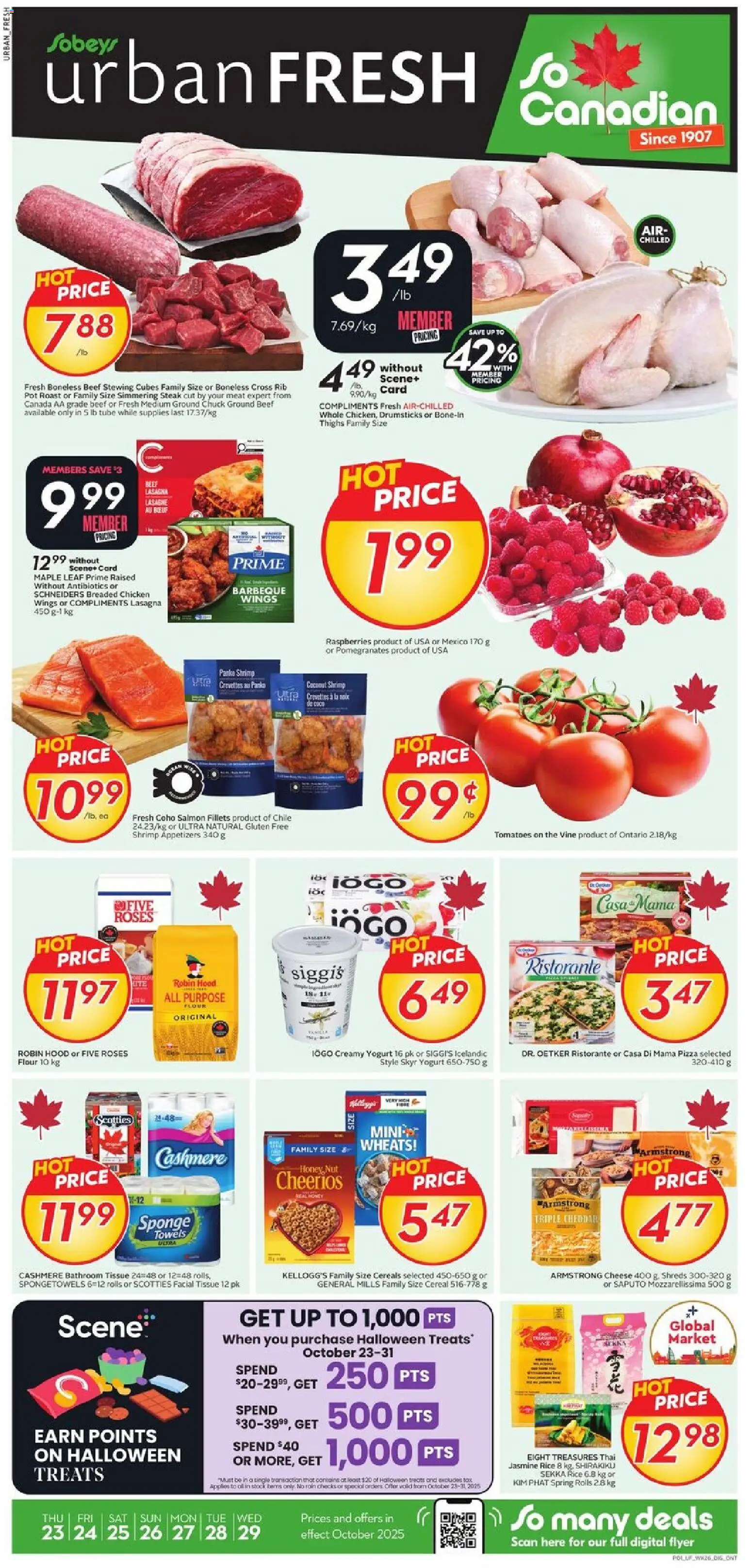 Sobeys flyer valid from 23.10.2025 | Page: 1 | Products: Rice, Beef, Yogurt, Pizza