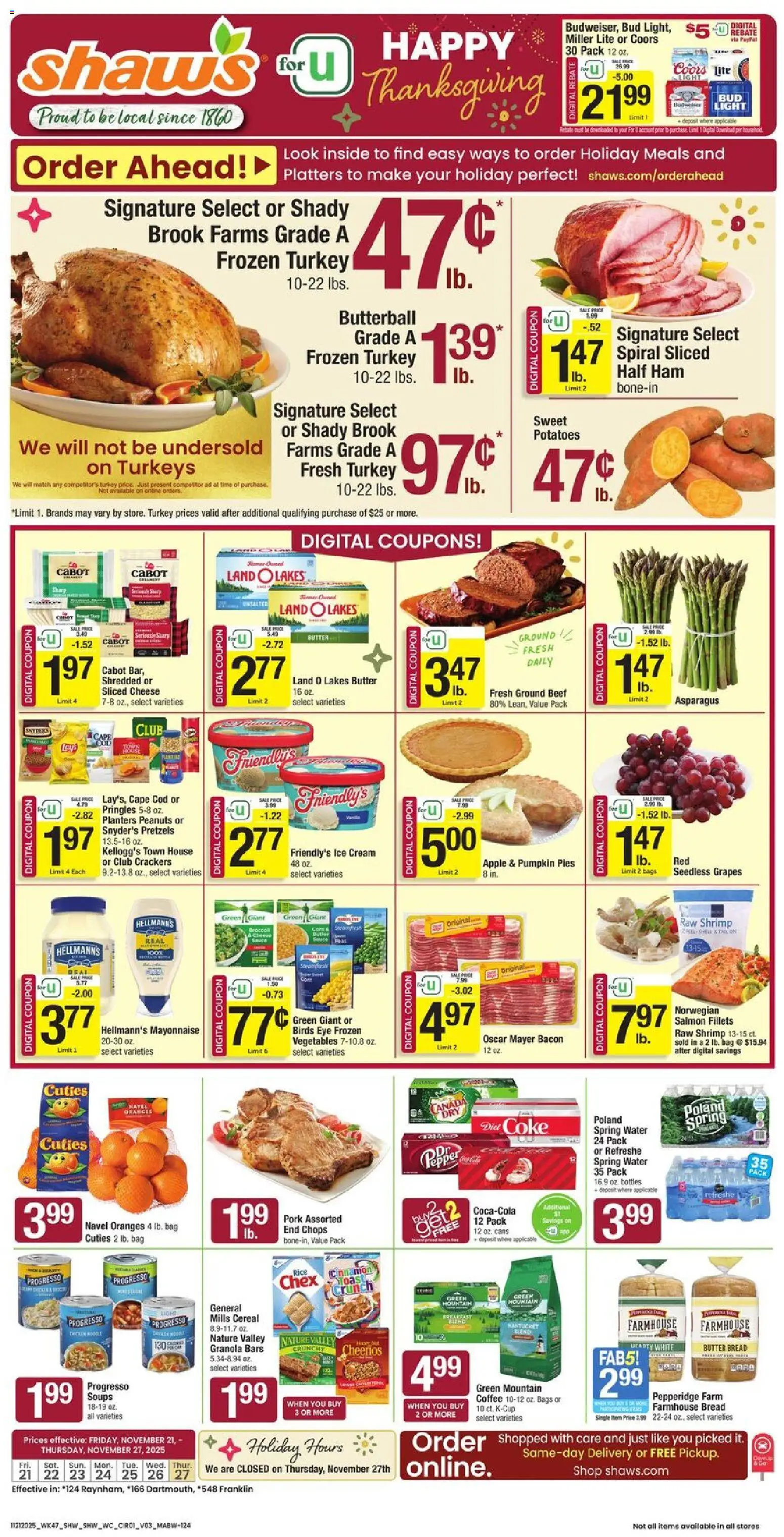 Shaw's Weekly Ad - valid from 21.11.2025 | Page: 1 | Products: Asparagus, Bread, Oranges, Grapes