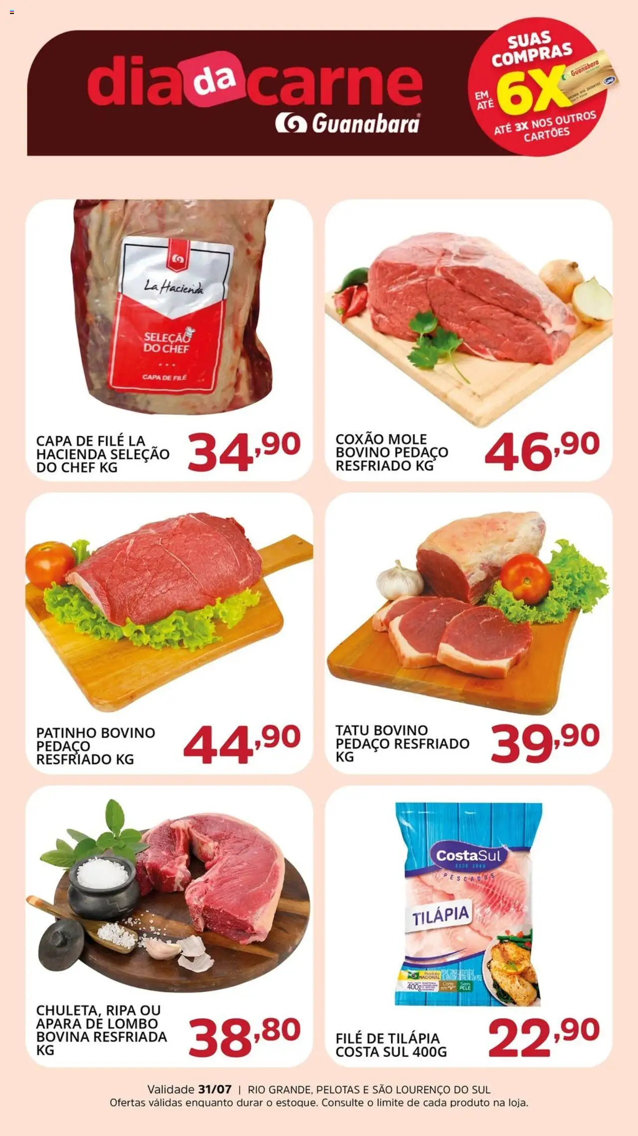 Supermercado Guanabara Folheto - válido de 31.07.2025 | Página: 1 | Produtos: Lombo, Tilápia, Carne, Filé de tilápia