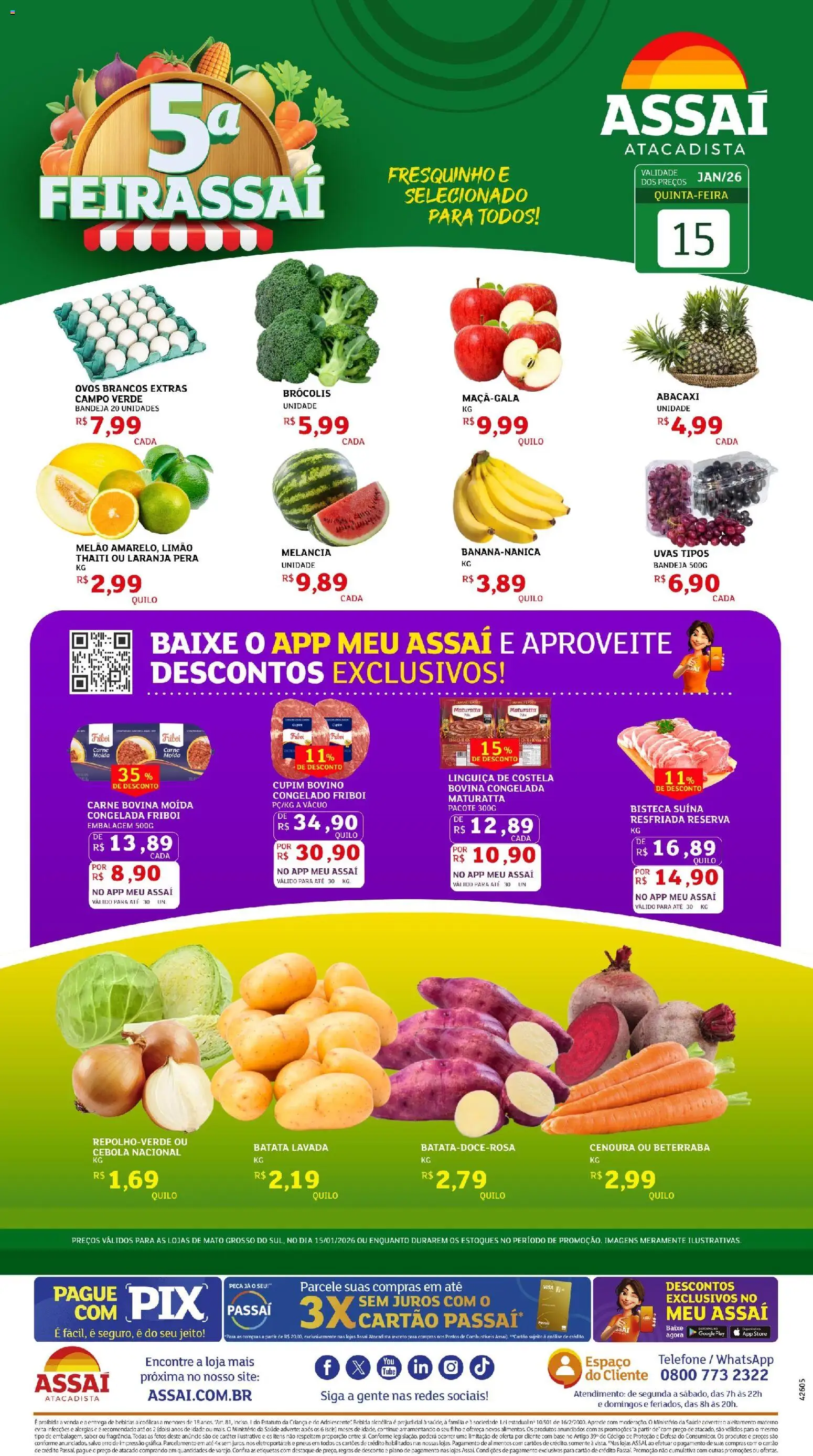 Assaí Atacadista Folheto - válido de 15.01.2026 | Página: 1 | Produtos: Linguiça, Bebida, Uvas, Telefone