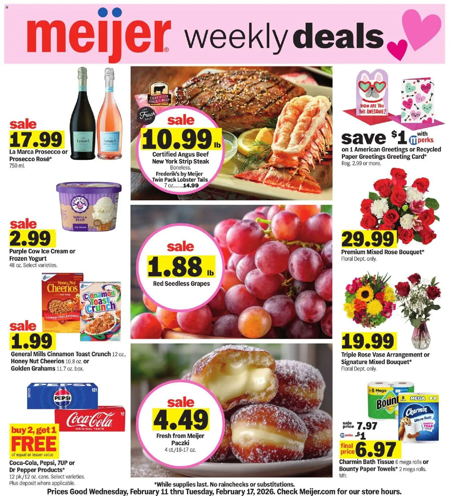 Meijer Weekly Ad - MI - valid from 11.02.2026 | Page: 1 | Products: Bath, Vase, Cream, Grapes