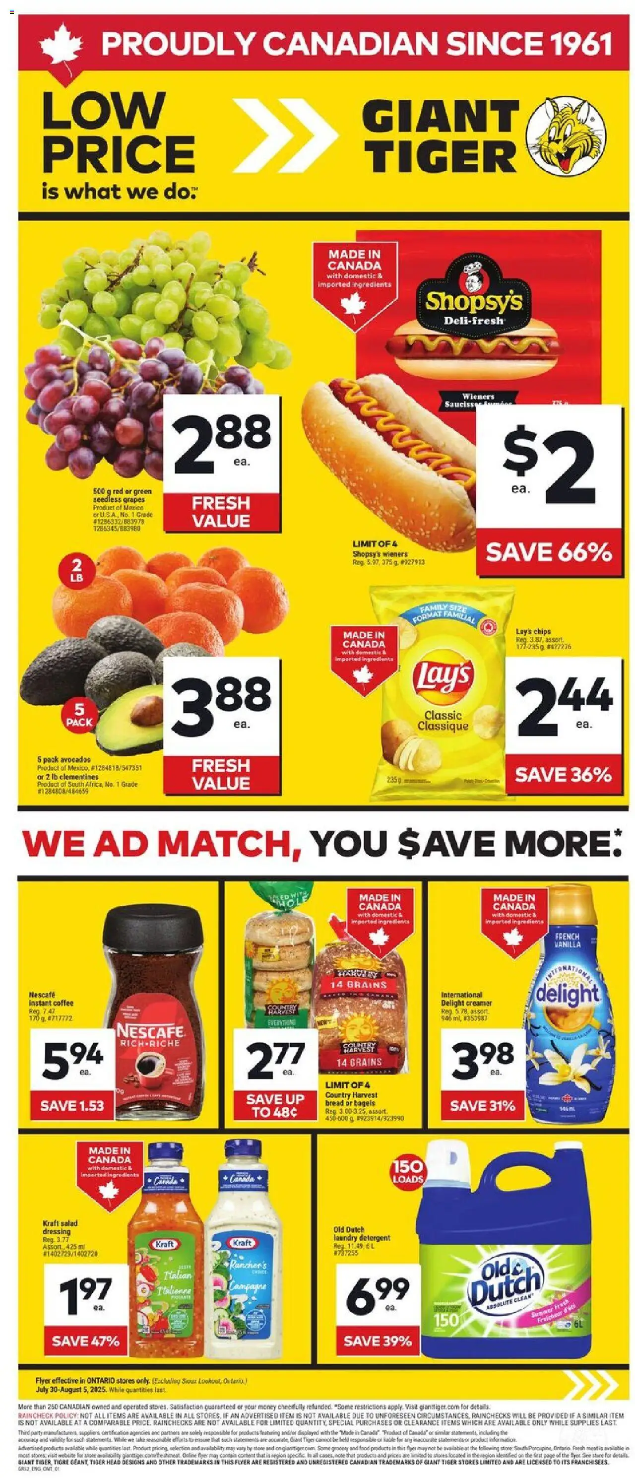 Giant Tiger flyer valid from 30.07.2025 | Page: 1 | Products: Chips, Salad, Detergent, Bread