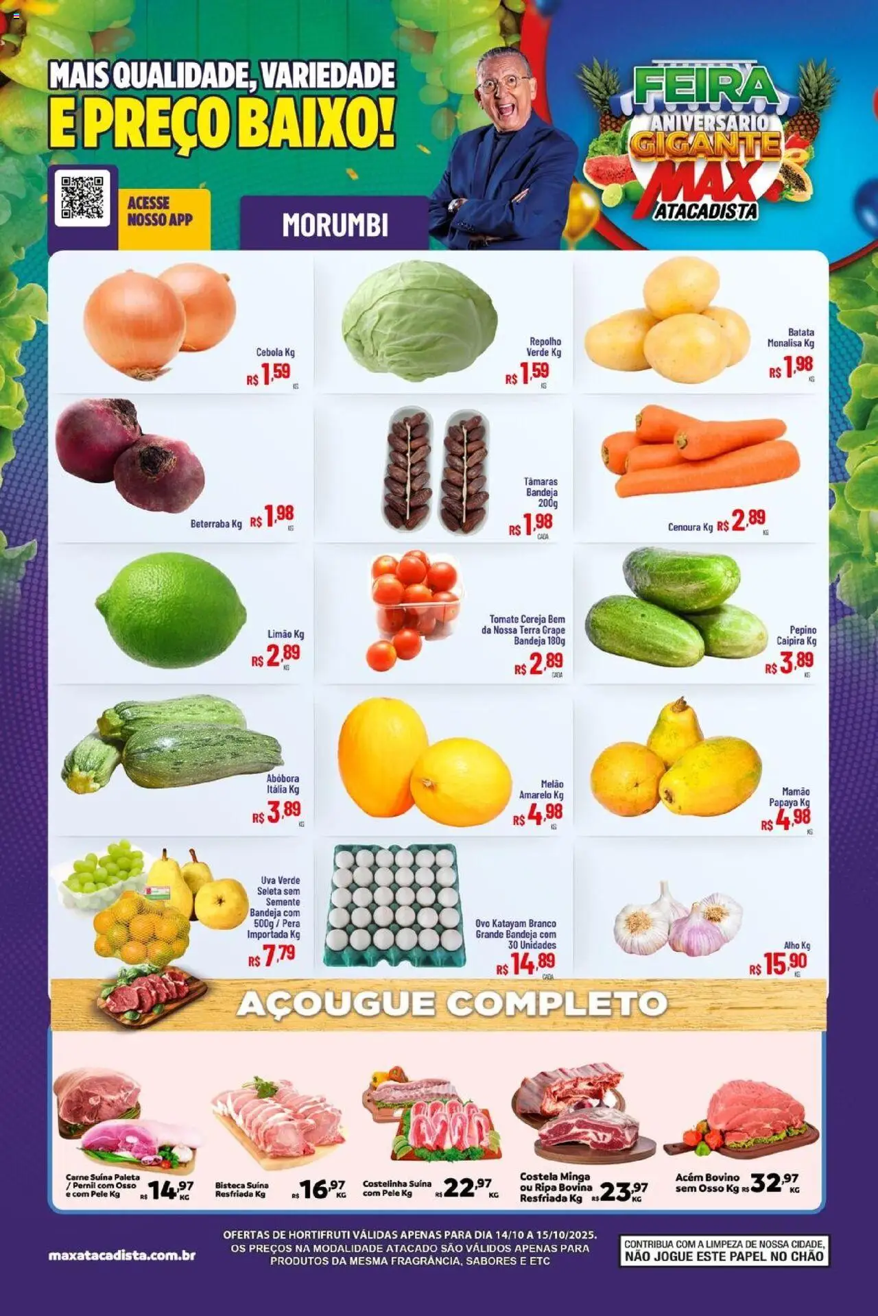 Max Atacadista Folheto - válido de 14.10.2025 | Página: 1 | Produtos: Melão, Tâmaras, Acém, Mamão