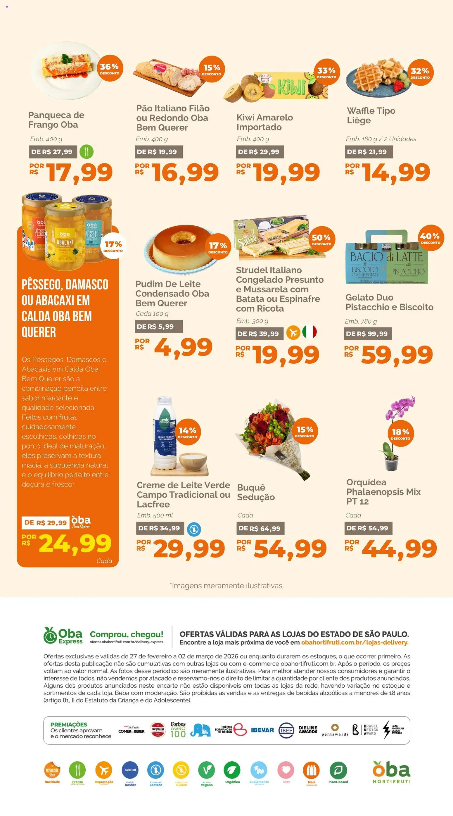 Oba Hortifruti Folheto - válido de 27.02.2026 | Página: 8 | Produtos: Pêssego, Biscoito, Ricota, Frango