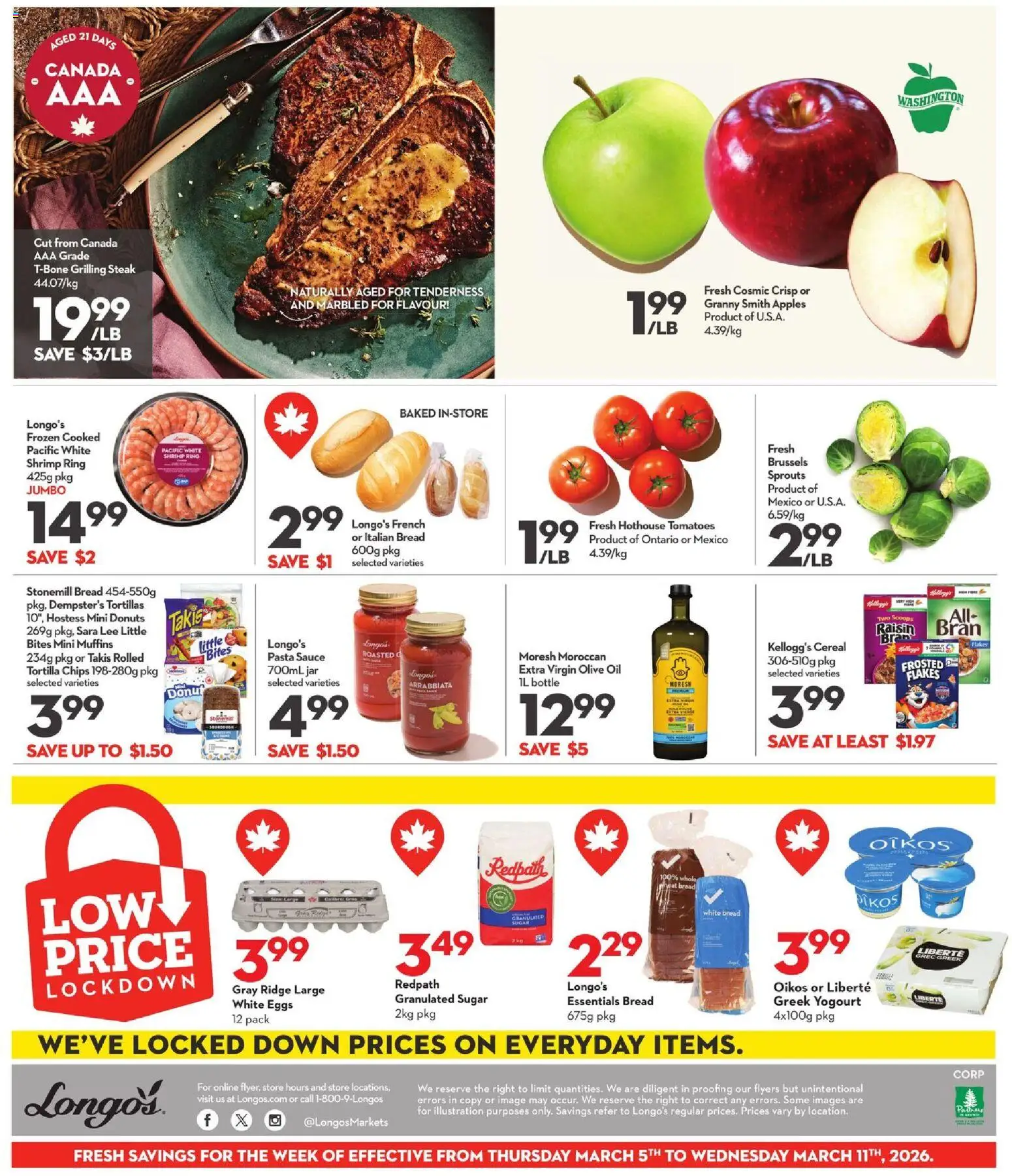 Longo's flyer valid from 05.03.2026 | Page: 3 | Products: Pasta, Chips, Oil, Bread