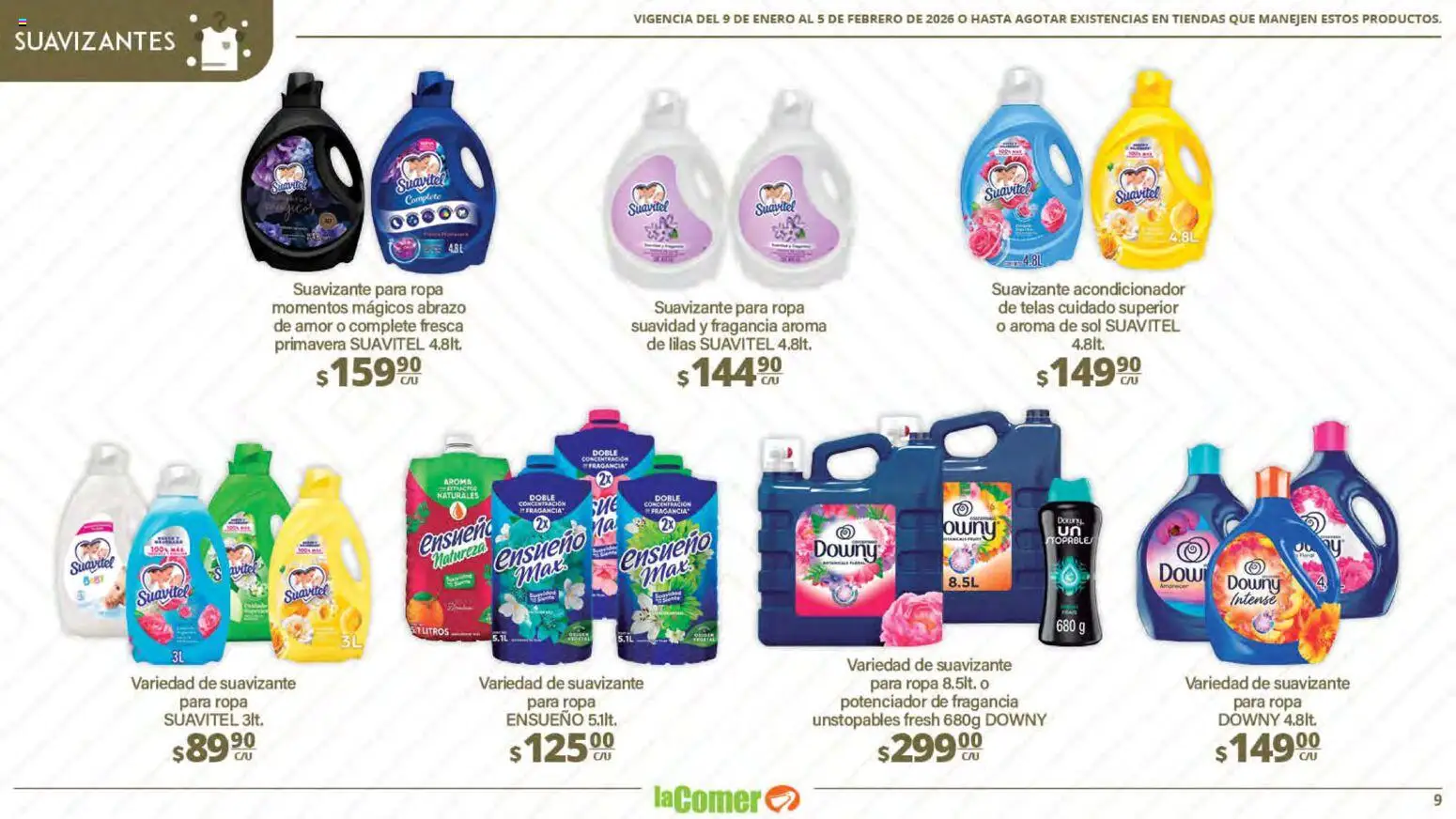 Nuevas ofertas de La Comer válidas en toda la República Mexicana desde el 09.01.2026. ¡Encuentra las mejores ofertas en La Comer folleto Limpia Desinfecta Organiza Ahorra! | Página: 9 | Productos: Suavizante, Ropa, Fragancia, Acondicionador