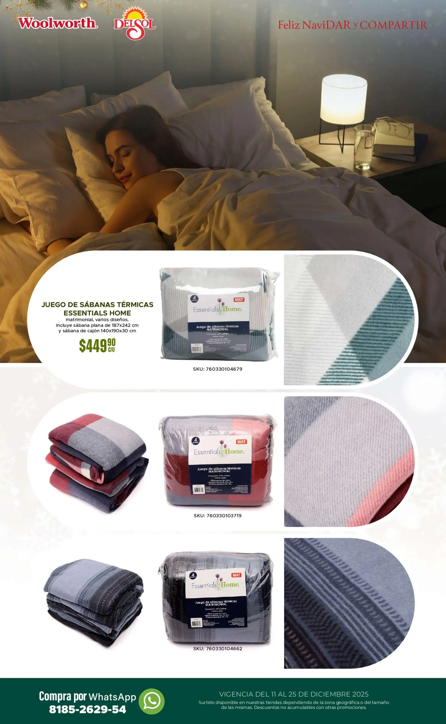 Nuevas ofertas de Del Sol y Woolworth válidas en toda la República Mexicana desde el 11.12.2025. ¡Encuentra las mejores ofertas en Del Sol y Woolworth catálogo! | Página: 33 | Productos: Juego, Sabanas