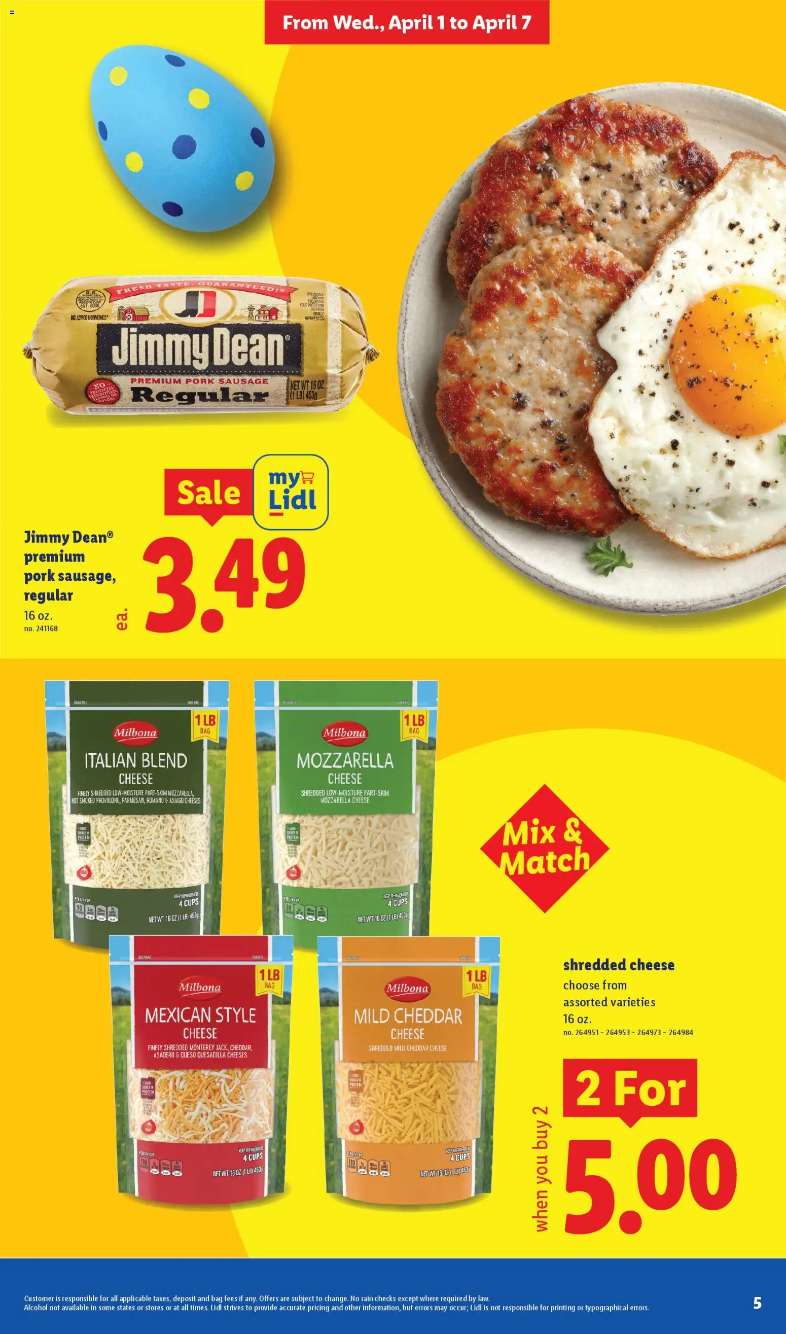 Lidl Weekly Ad - valid from 01.04.2026 | Page: 5 | Products: Cheese, Pork, Sausage, Bag