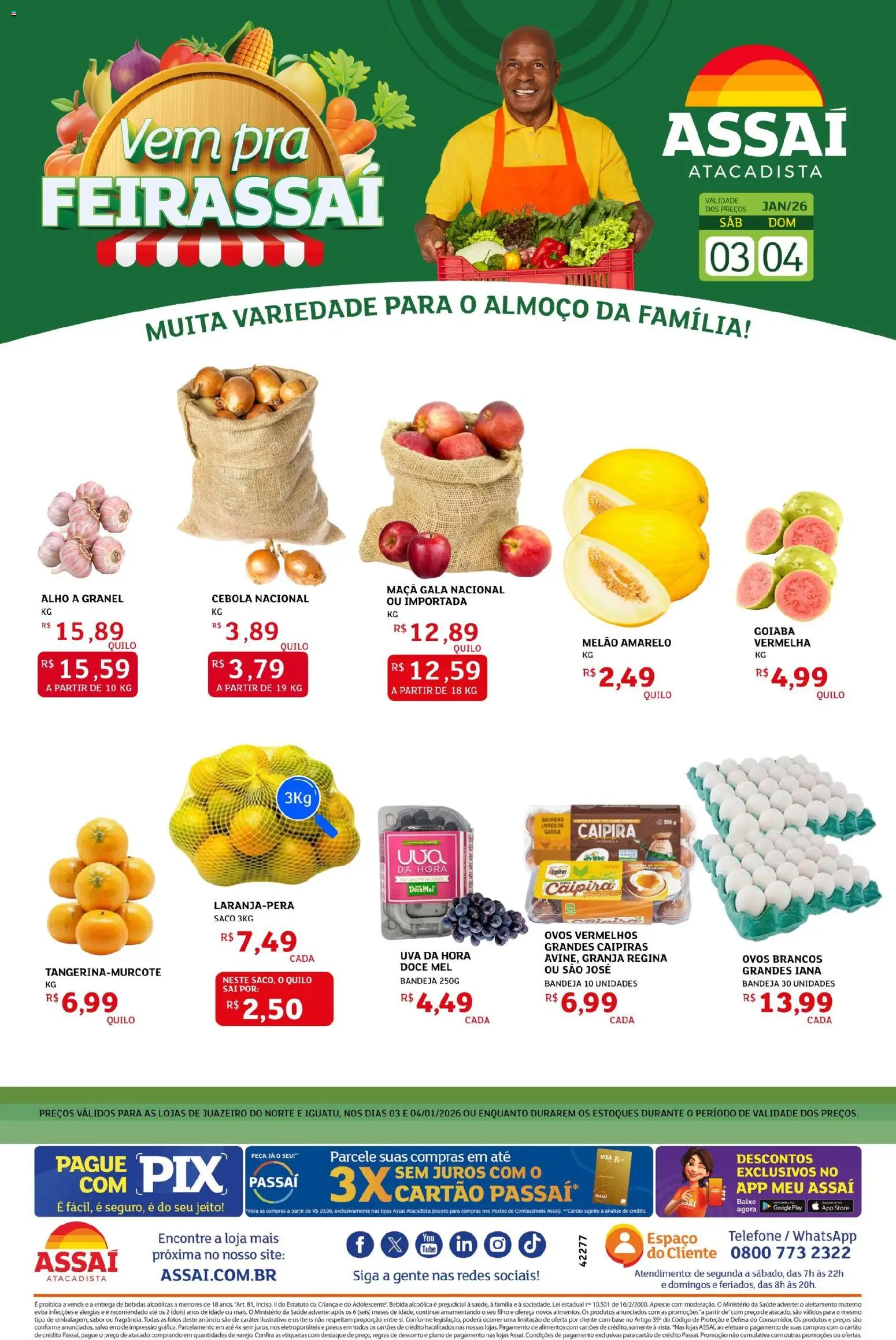 Assaí Atacadista Folheto - válido de 03.01.2026 | Página: 1 | Produtos: Alho, Cebola, Bandeja, Telefone