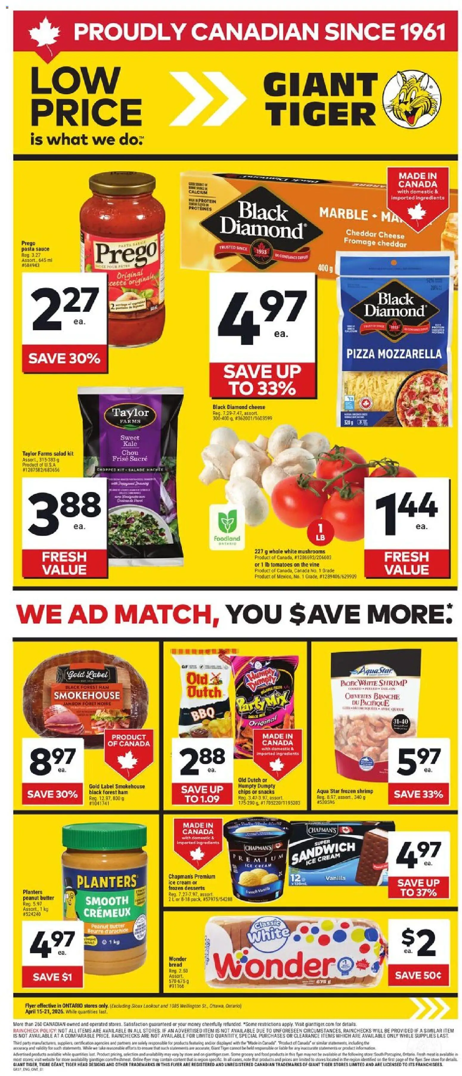 Giant Tiger flyer valid from 15.04.2026 | Page: 1 | Products: Cream, Salad, Butter, Bread