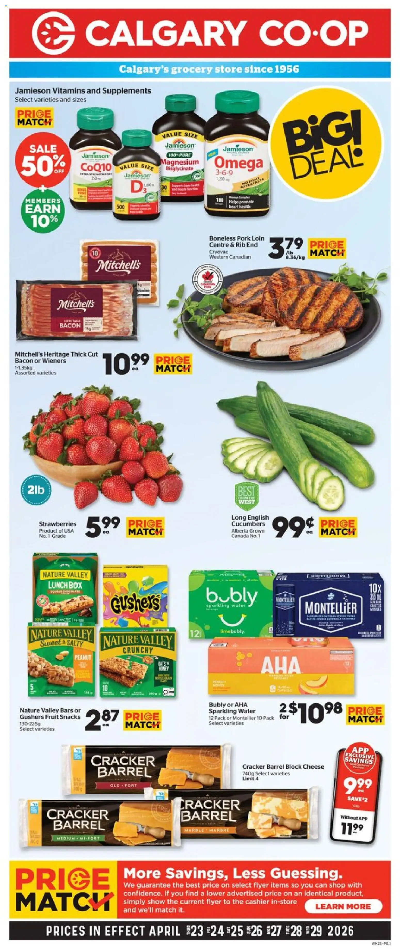 Calgary Co-op flyer valid from 23.04.2026 | Page: 1 | Products: Strawberries, Box, Cheese, Pork