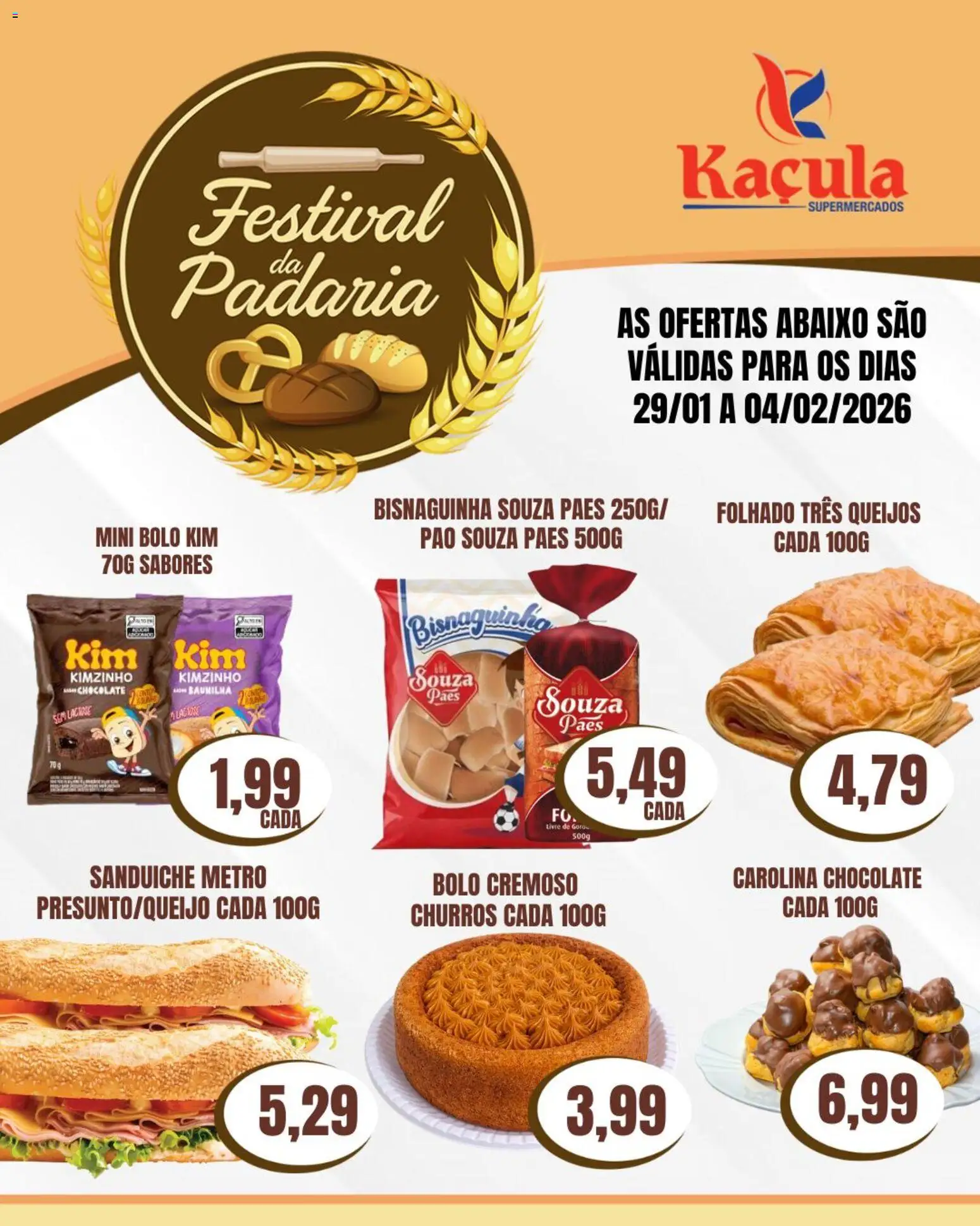 Kaçula Folheto - válido de 29.01.2026 | Página: 1 | Produtos: Pão, Chocolate, Sanduíche, Bolo