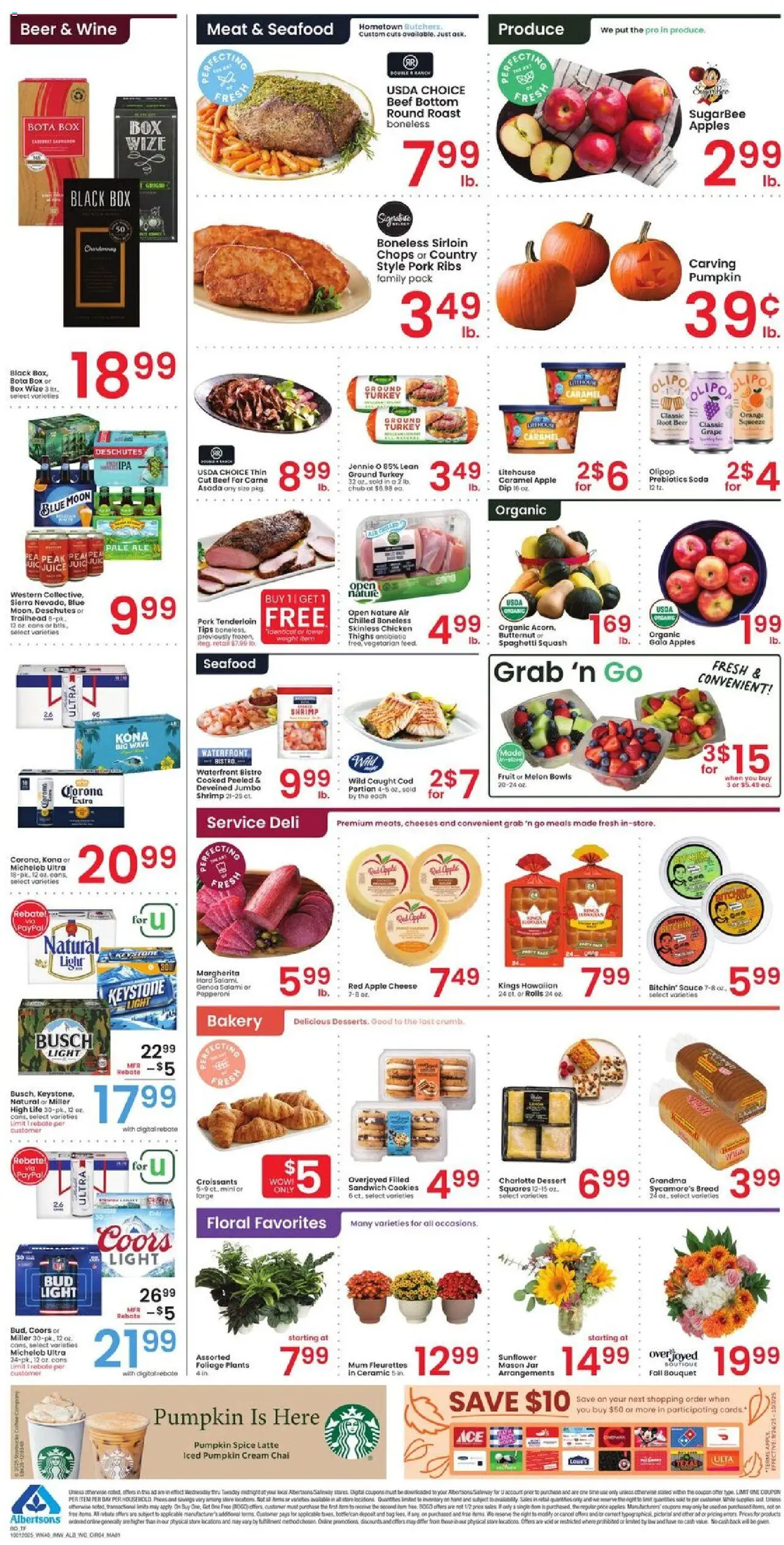 Albertsons Weekly Ad - valid from 01.10.2025 | Page: 4 | Products: Probiotics, Wine, Apples, Seafood
