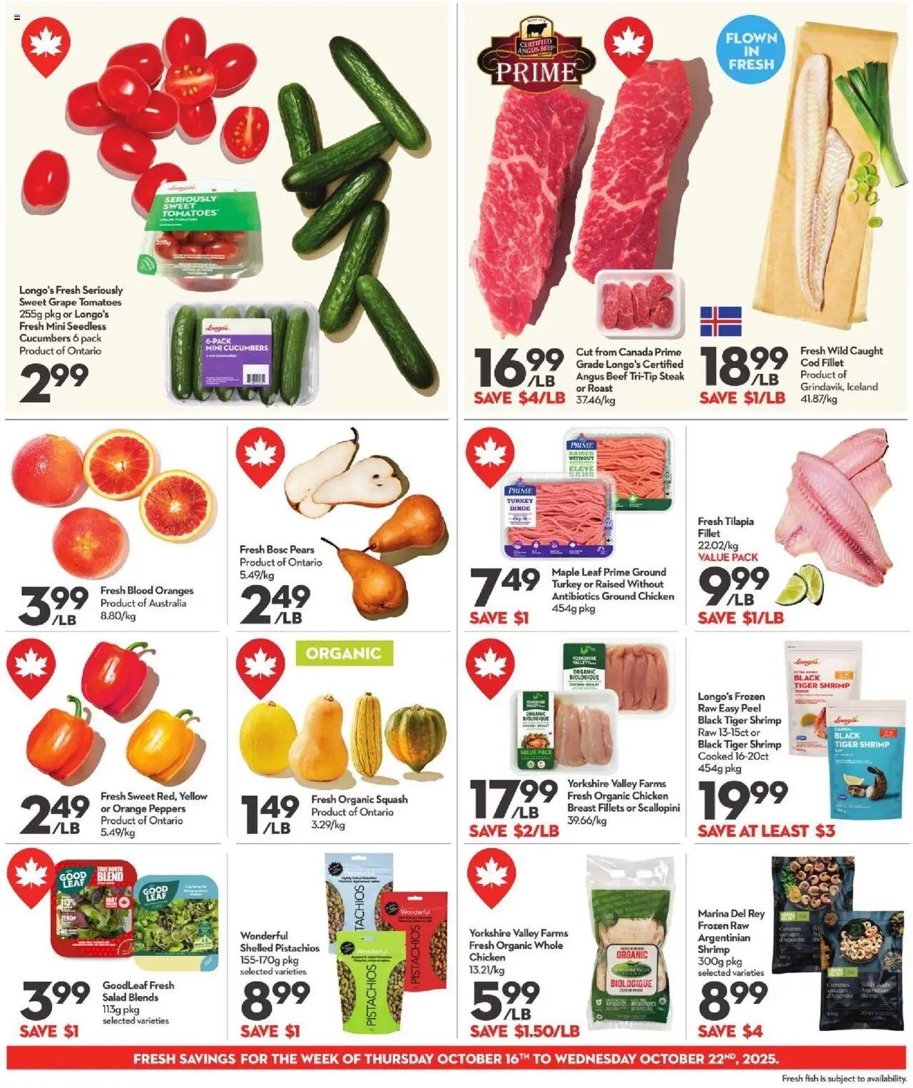 Longo's flyer valid from 16.10.2025 | Page: 4 | Products: Fish, Beef, Cucumbers, Tomatoes