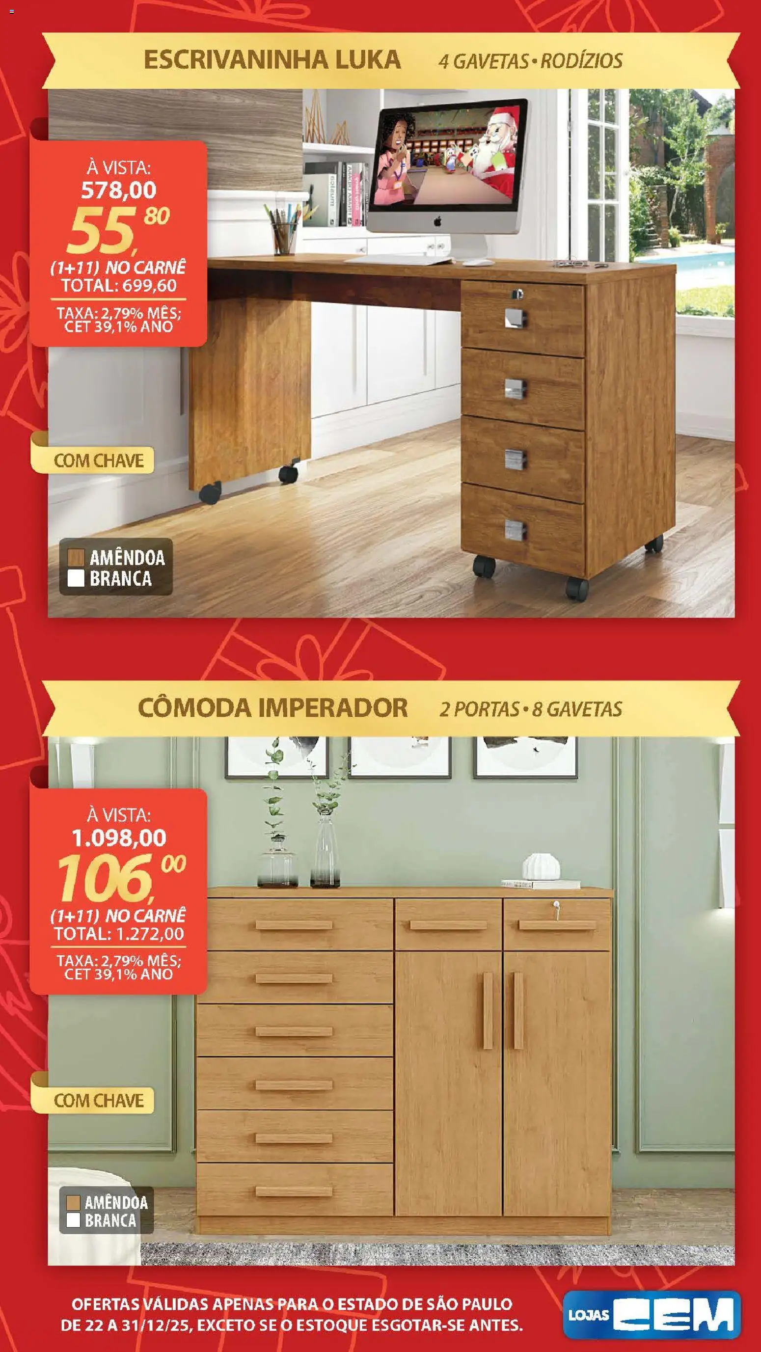 Lojas Cem Folheto - válido de 22.12.2025 | Página: 105 | Produtos: Cômoda, Escrivaninha, Carne