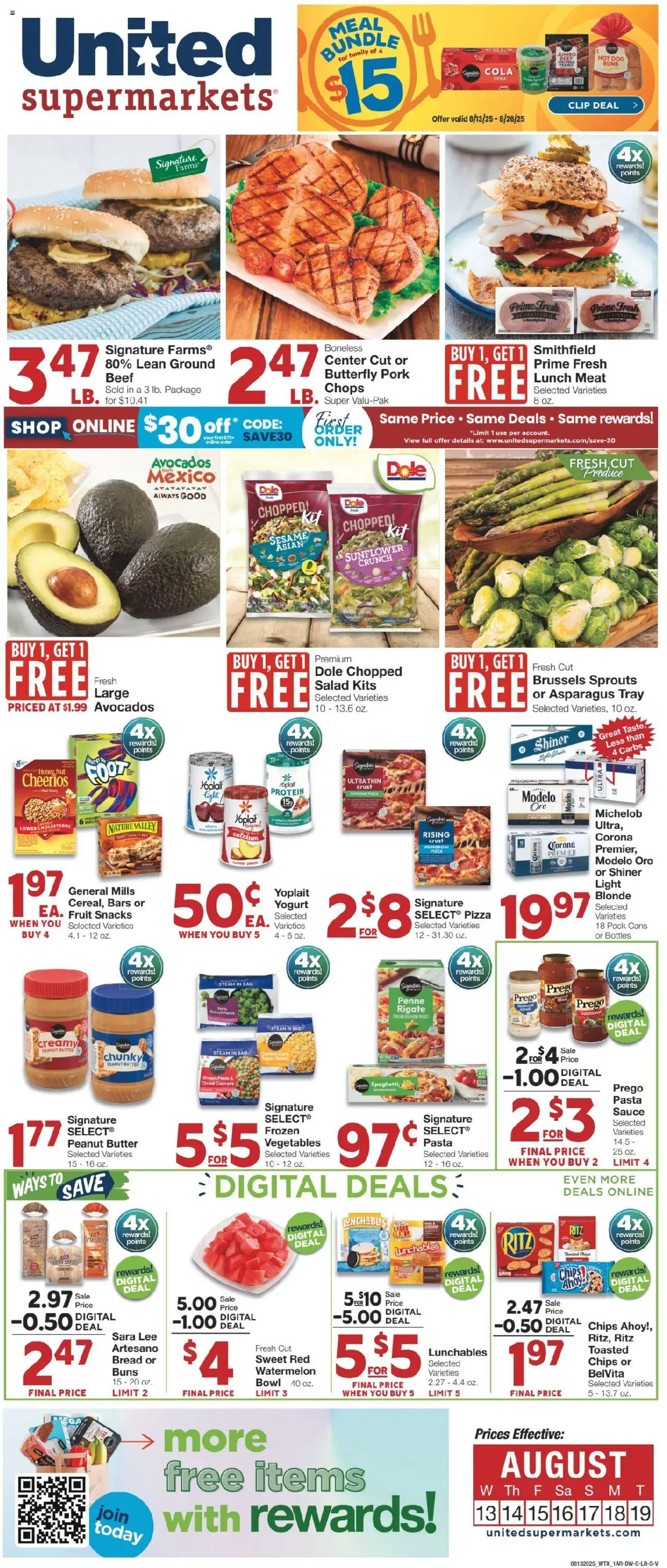 United Supermarkets Weekly Ad - valid from 12.08.2025 | Page: 1 | Products: Butter, Bread, Pork, Pasta