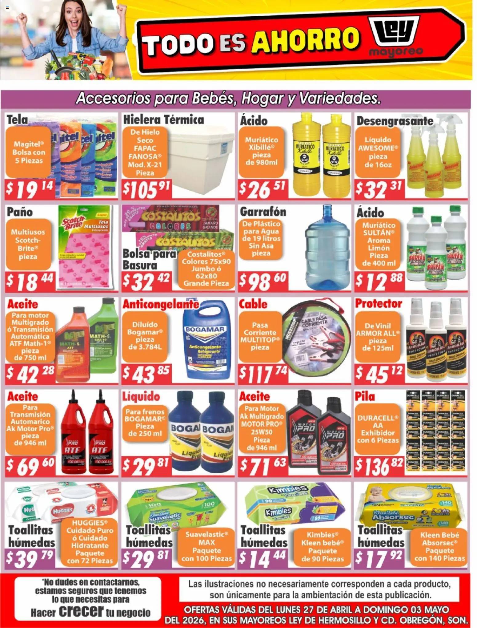 Nuevas ofertas de Casa Ley válidas en toda la República Mexicana desde el 27.04.2026. ¡Encuentra las mejores ofertas en Casa Ley folleto Hermosillo! | Página: 1 | Productos: Agua, Toallitas húmedas, Aceite, Cable
