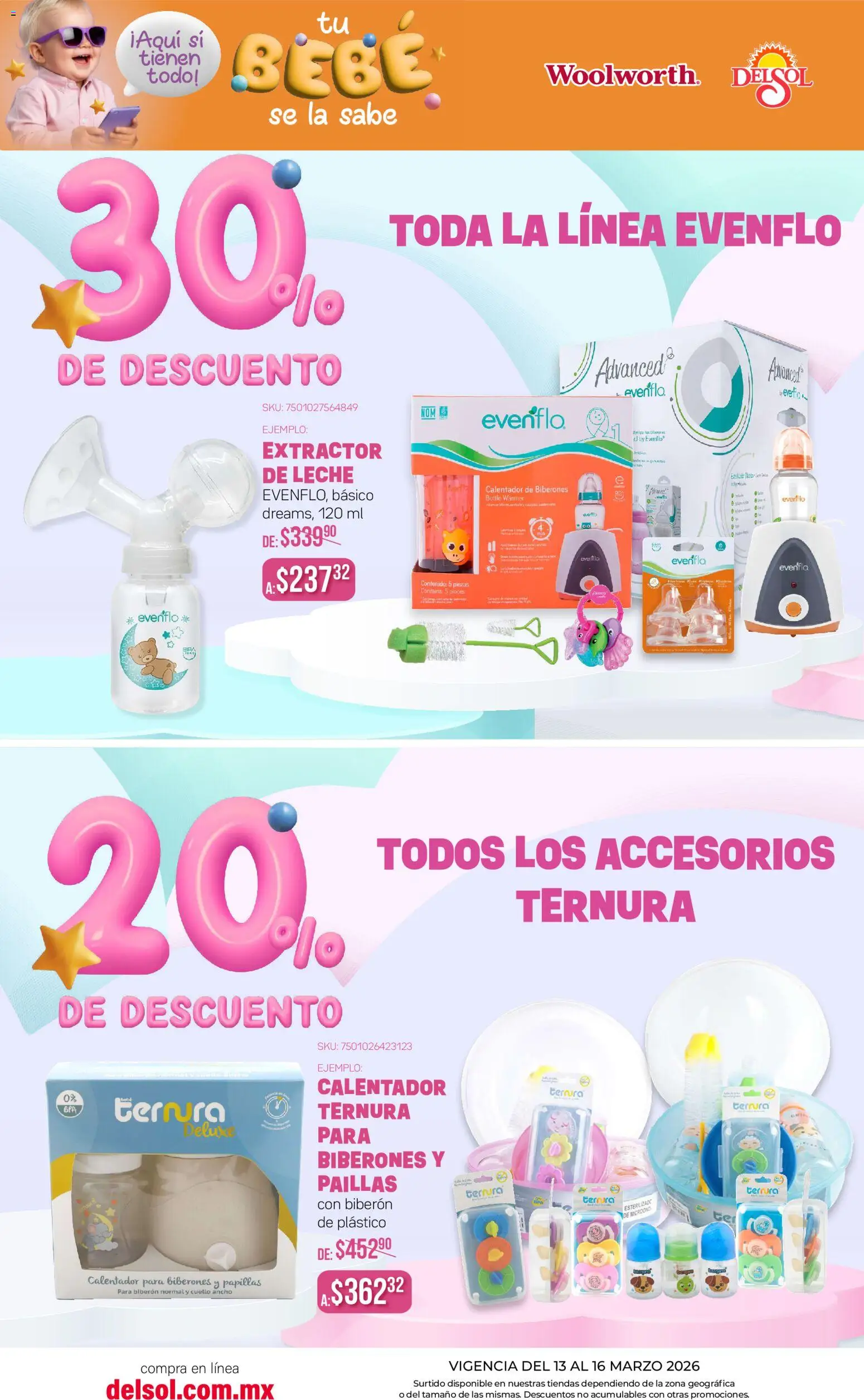 Nuevas ofertas de Del Sol y Woolworth válidas en toda la República Mexicana desde el 13.03.2026. ¡Encuentra las mejores ofertas en Del Sol y Woolworth catálogo! | Página: 3 | Productos: Biberón, Leche, Extractor