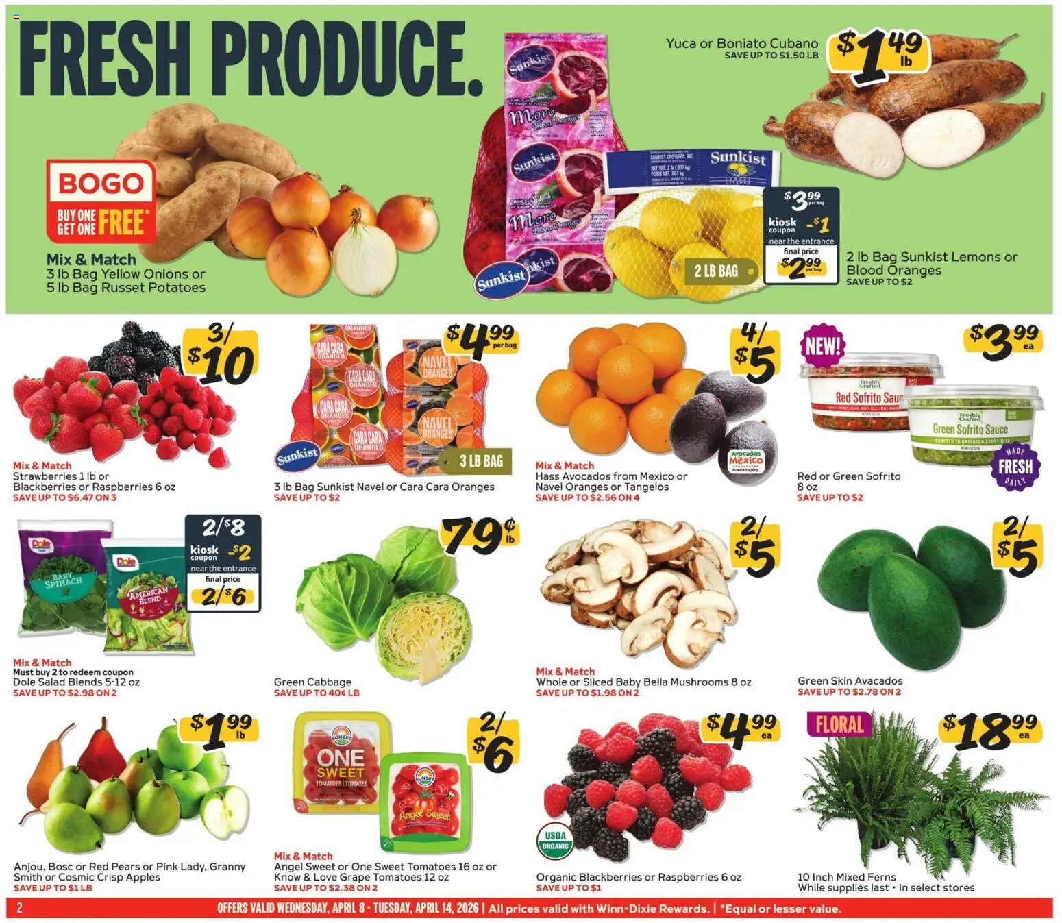 Winn Dixie Weekly Ad - valid from 08.04.2026 | Page: 2 | Products: Mushrooms, Salad, Sauce, Bag