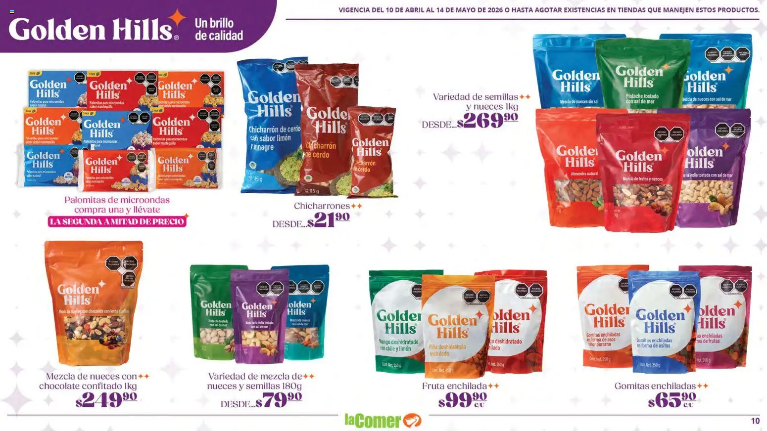 Nuevas ofertas de La Comer válidas en toda la República Mexicana desde el 10.04.2026. ¡Encuentra las mejores ofertas en La Comer folleto Golden Hills! | Página: 10 | Productos: Durazno, Limón, Leche, Nueces