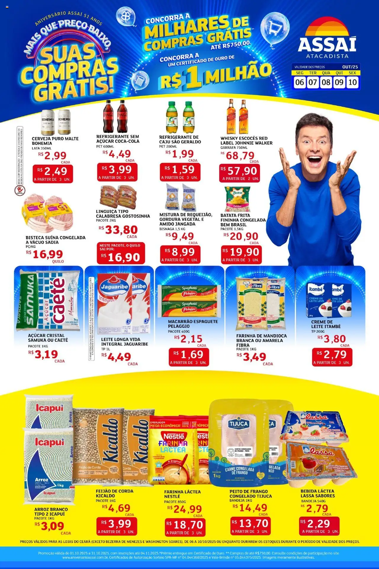 Assaí Atacadista Folheto - válido de 06.10.2025 | Página: 1 | Produtos: Espaguete, Farinha de mandioca, Linguiça, Leite