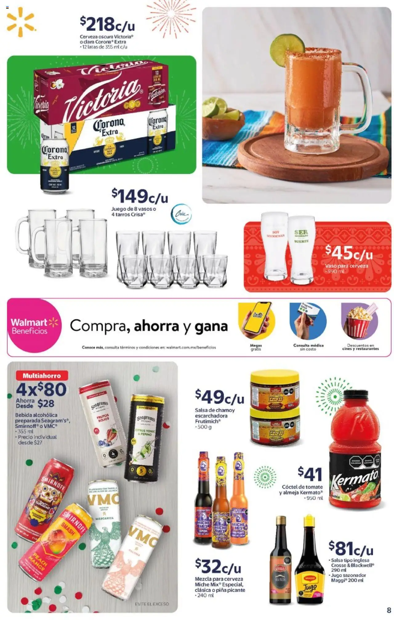 Nuevas ofertas de Walmart válidas en toda la República Mexicana desde el 08.09.2025. ¡Encuentra las mejores ofertas en Walmart - Folleto Tu Noche Mexicana! | Página: 8 | Productos: Mango, Jugo, Cerveza, Vasos