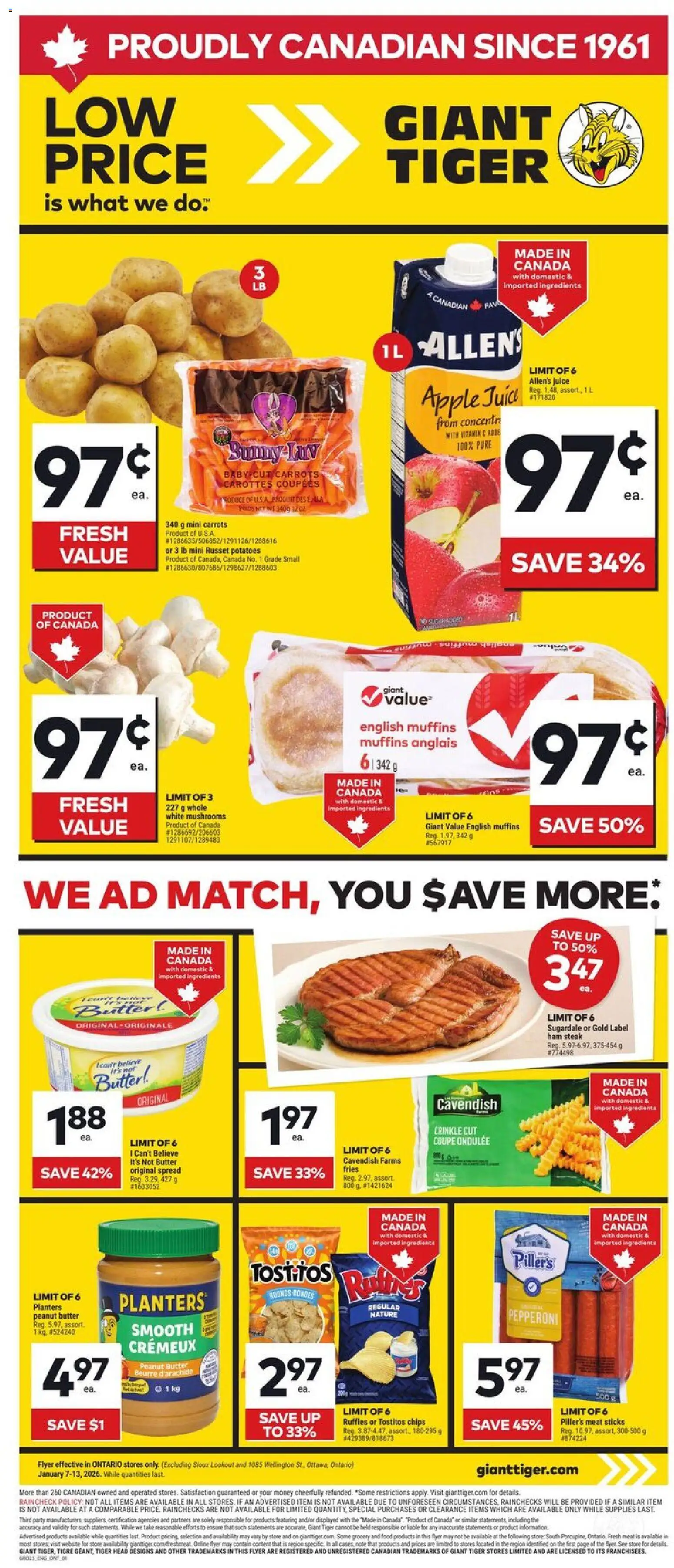 Giant Tiger flyer valid from 07.01.2026 | Page: 1 | Products: Potatoes, Butter, Ham, Juice