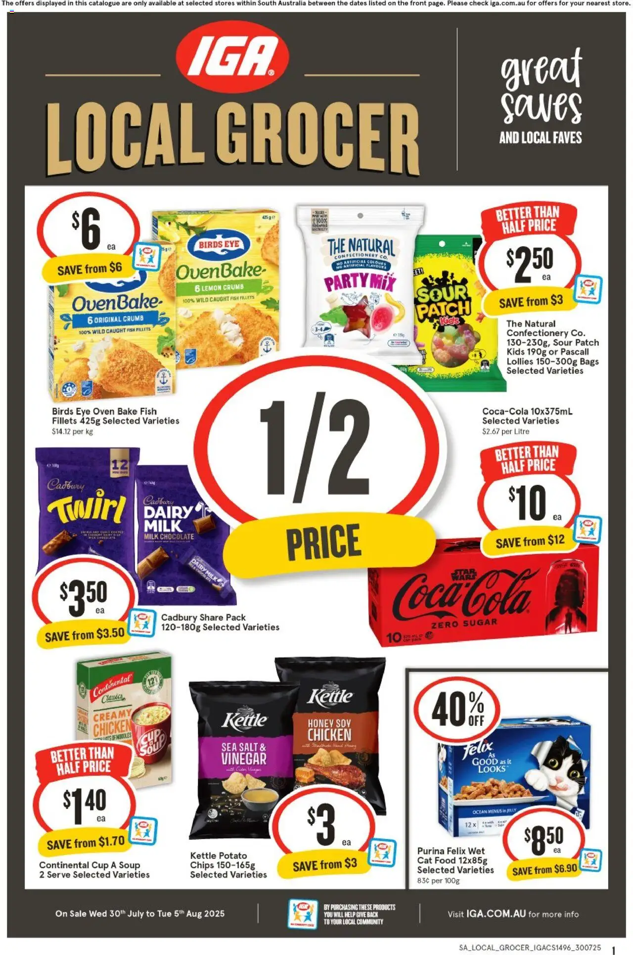 IGA catalogue - valid from 30.07.2025 | Page: 1 | Products: Chocolate, Honey, Fish, Soup