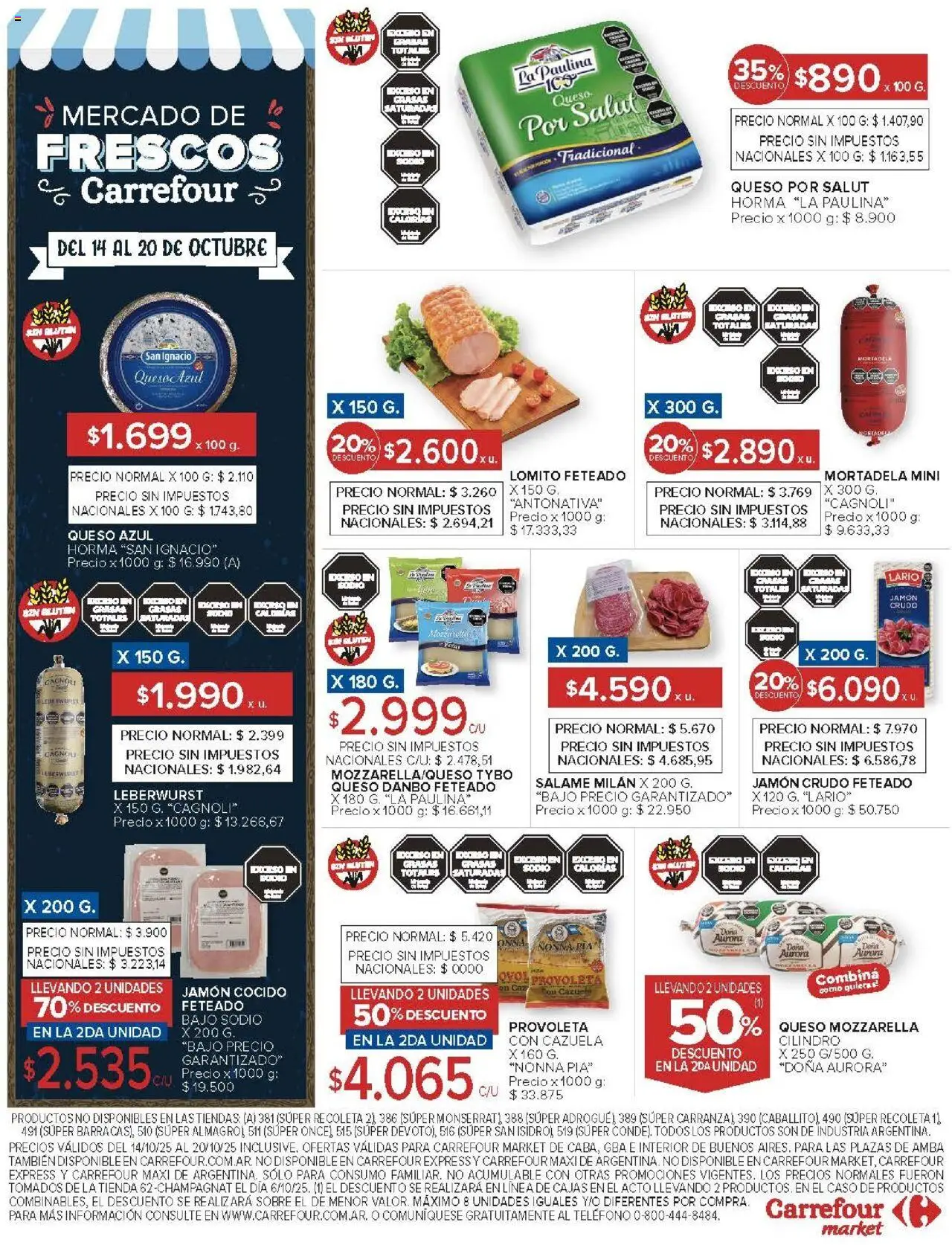 Carrefour ofertas │ válido desde el 14.10.2025 | Página: 48 | Productos: Teléfono, Sobre, Mortadela, Queso