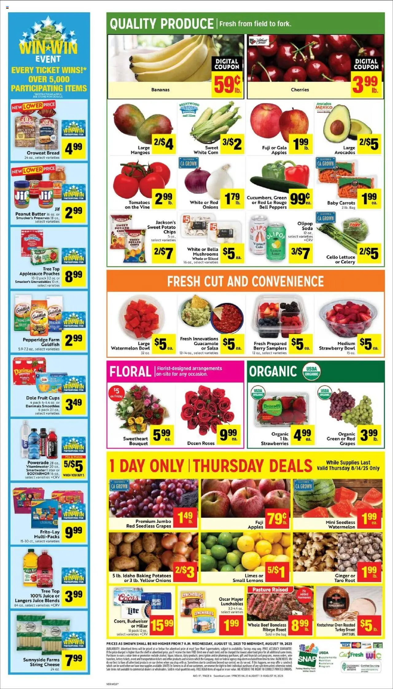 Save Mart Weekly - CA - valid from 13.08.2025 | Page: 4 | Products: Peppers, Wine, Bananas, Grapes