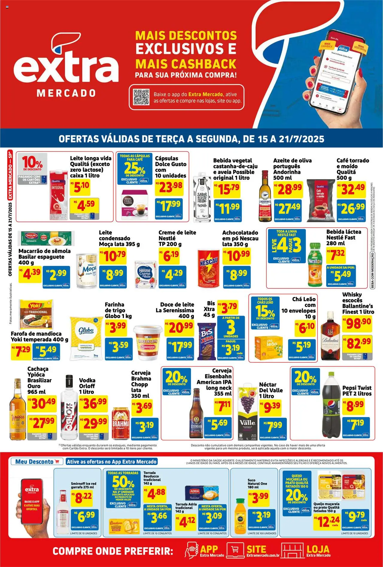 Extra Folheto - válido de 15.07.2025 | Página: 1 | Produtos: Mandioca, Whisky, Queijo, Chá