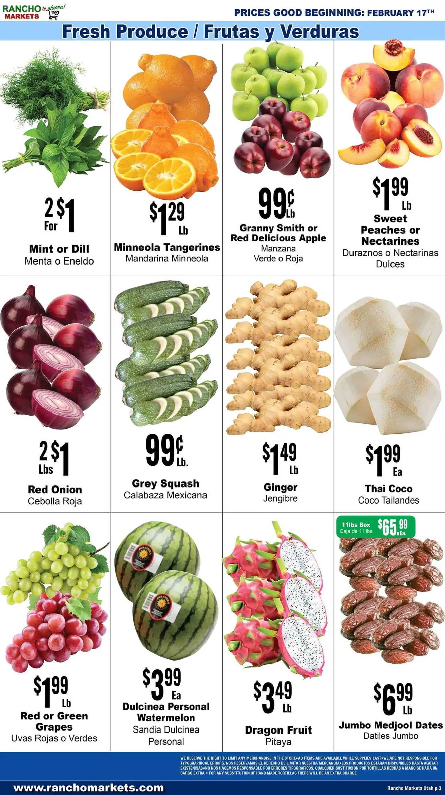 Rancho Markets Weekly Ad - valid from 17.02.2026 | Page: 3 | Products: Medjool Dates, Peaches, Watermelon, Grapes