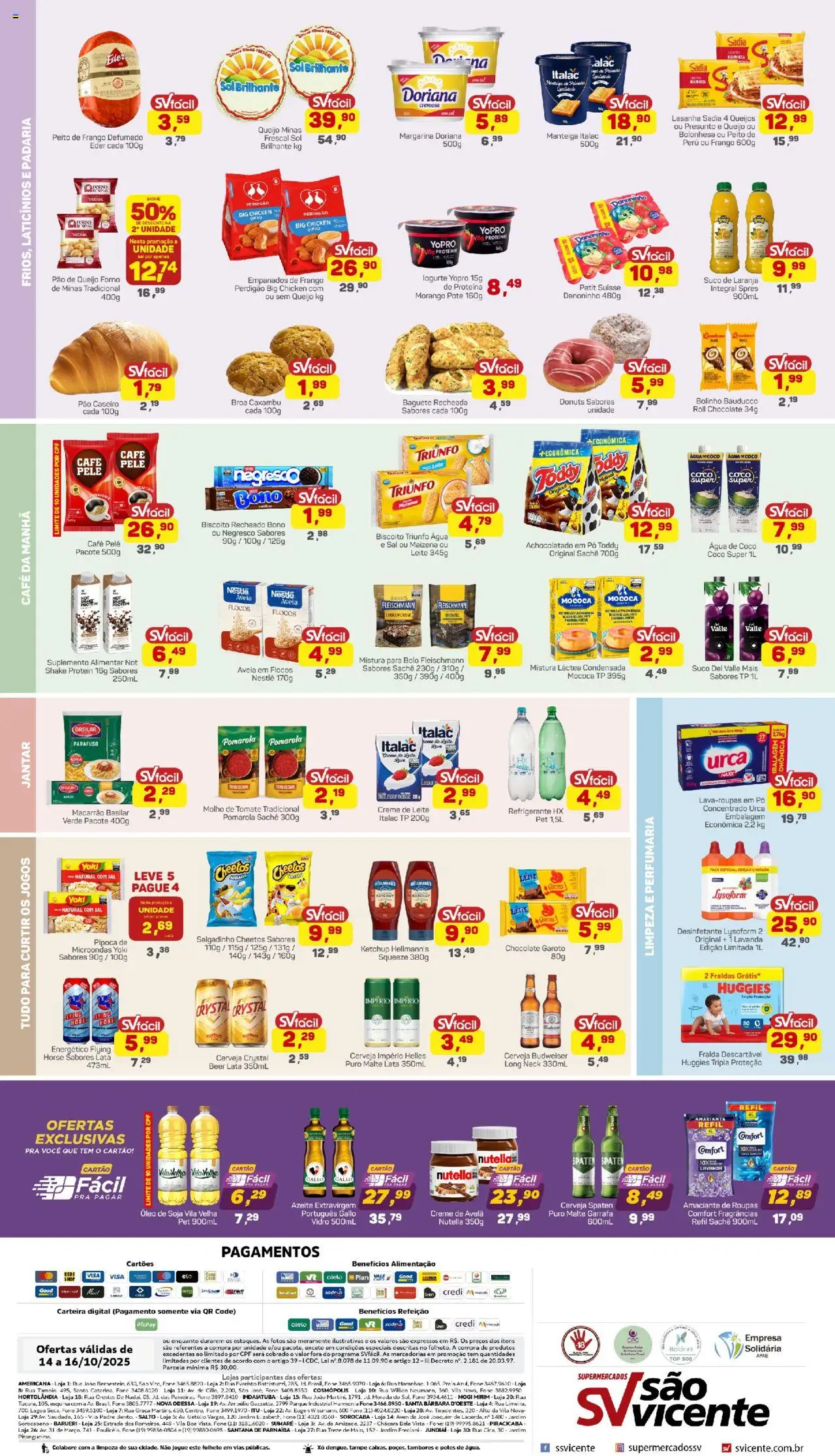 Supermercados São Vicente Folheto - válido de 14.10.2025 | Página: 2 | Produtos: Chocolate, Presunto, Flocos, Fraldas