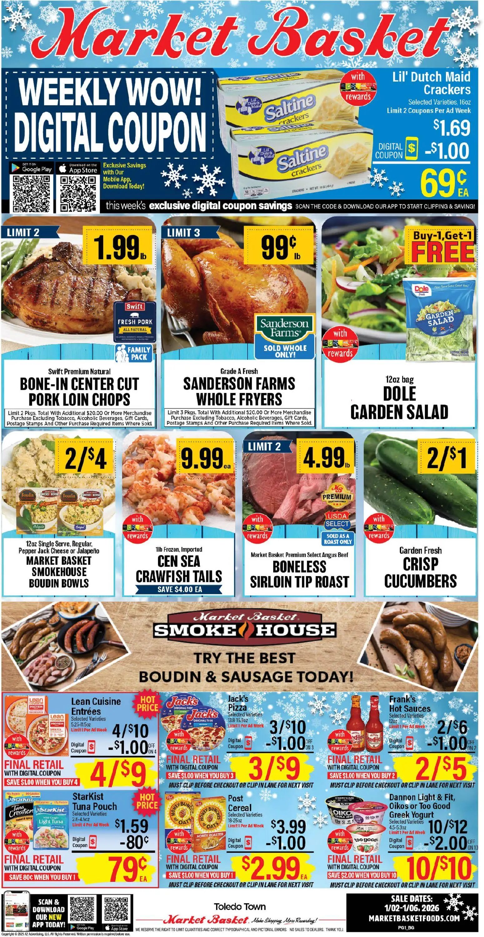 Market Basket Weekly Ad - valid from 02.01.2026 | Page: 1 | Products: Basket, Pizza, Pepper, Bag