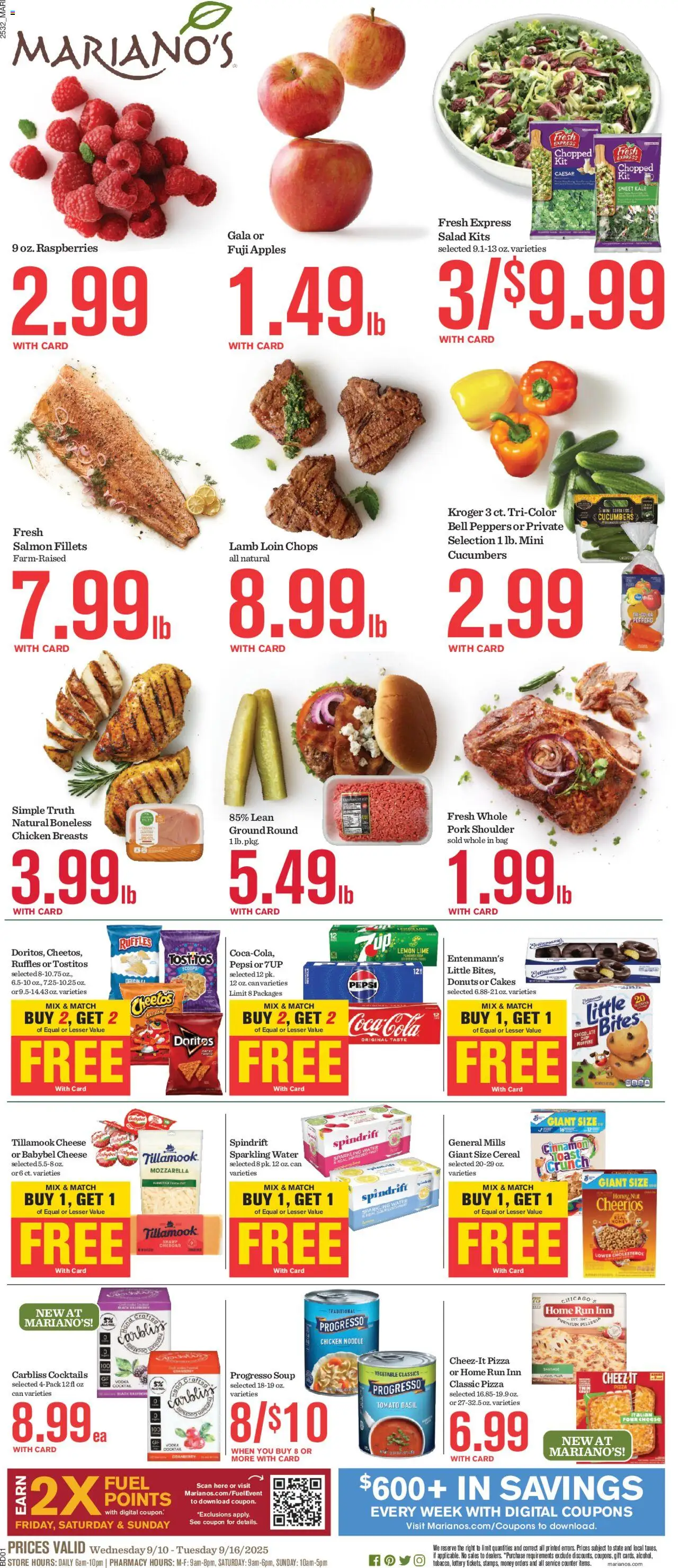 Mariano's Weekly Ad - valid from 10.09.2025 | Page: 1 | Products: Peppers, Cheese, Water, Bag