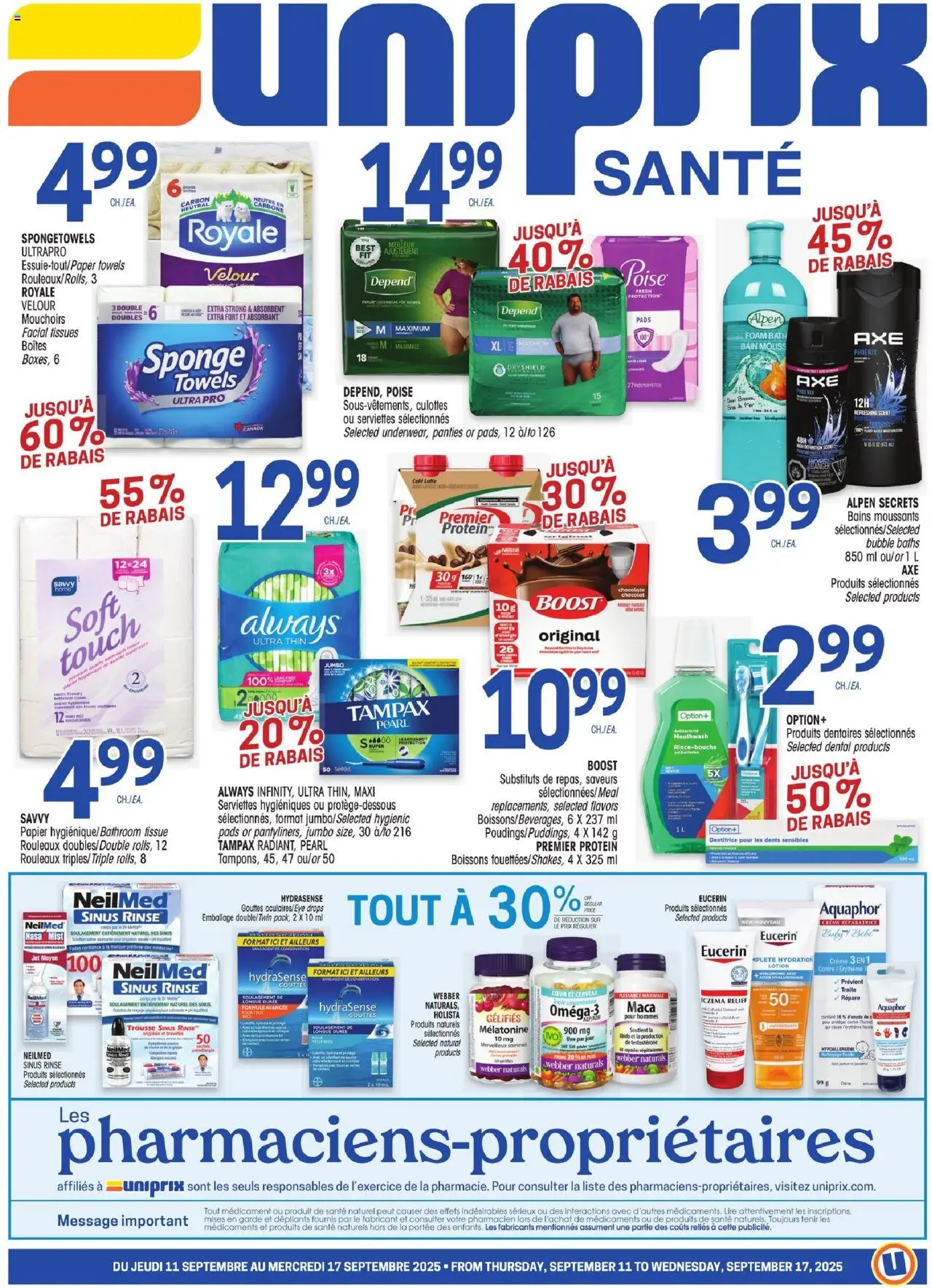 Uniprix flyer valid from 11.09.2025 | Page: 1 | Products: Sponge, Mouthwash, Bath, Panties