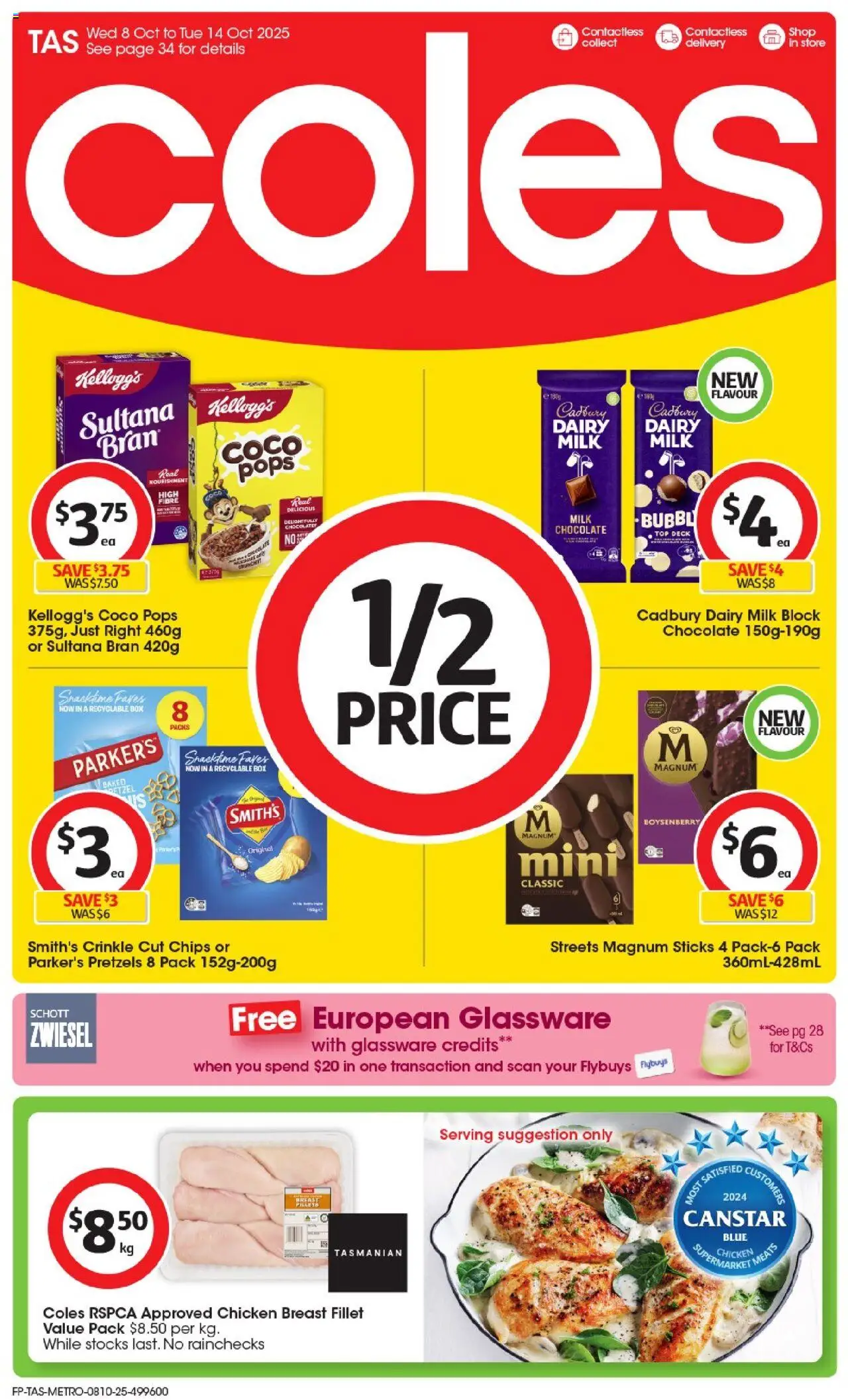 Coles catalogue - valid from 08.10.2025 | Page: 1 | Products: Chocolate, Glassware, Chicken, Pretzels