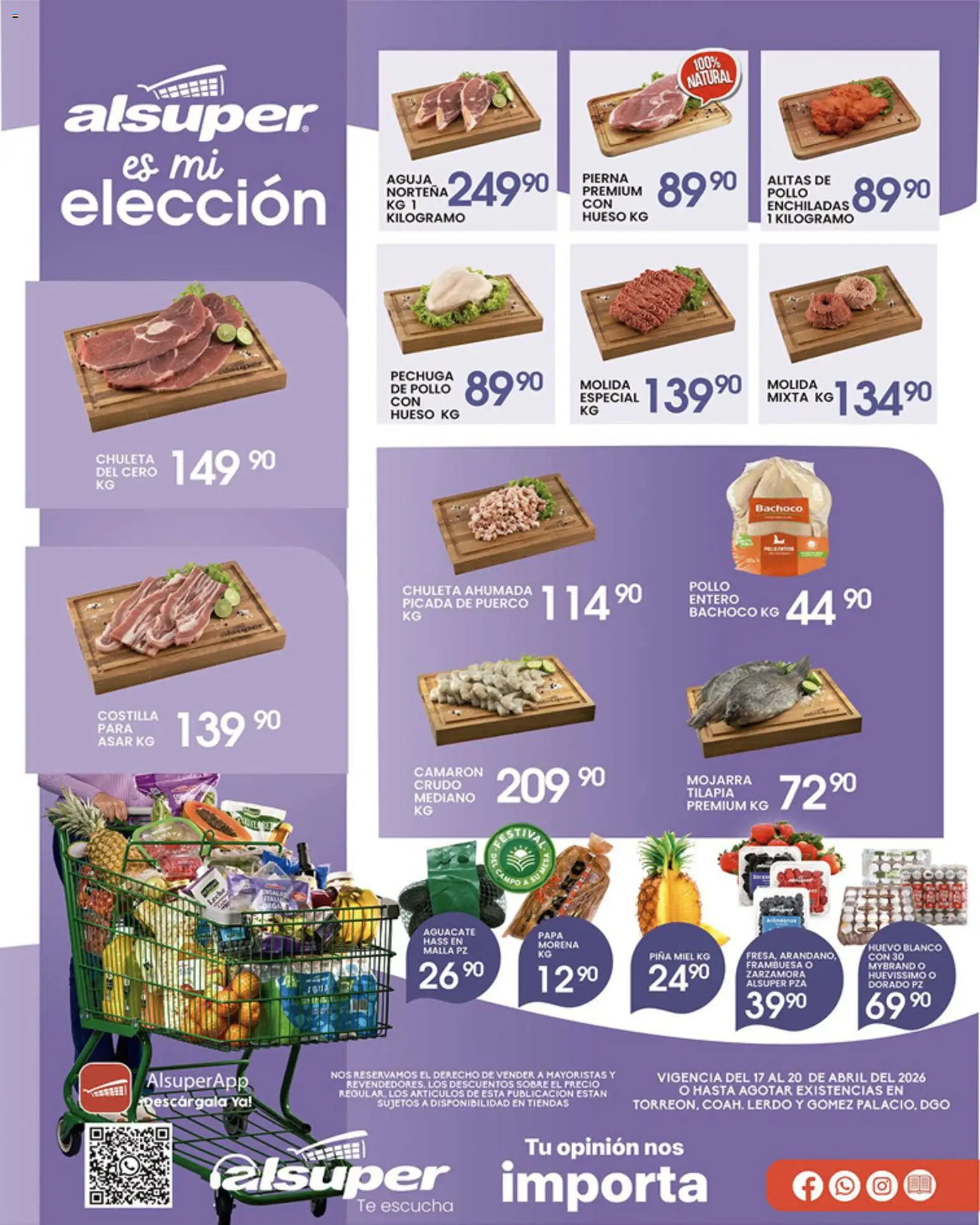 Nuevas ofertas de Alsuper válidas en toda la República Mexicana desde el 17.04.2026. ¡Encuentra las mejores ofertas en Alsuper folleto Laguna! | Página: 1 | Productos: Pollo, Papa, Piña, Sobre