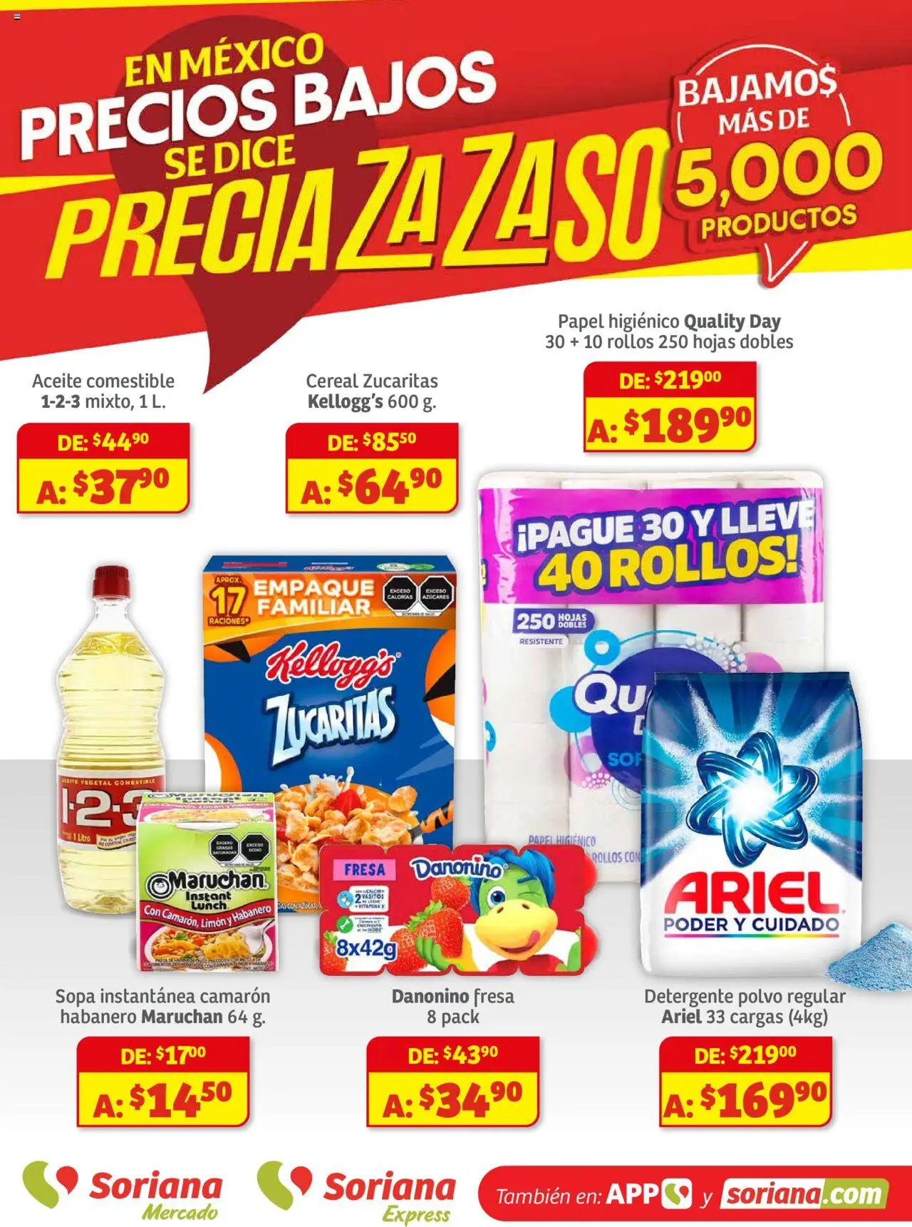 Nuevas ofertas de Soriana válidas en toda la República Mexicana desde el 01.08.2025. ¡Encuentra las mejores ofertas en Soriana - Preciazazaso Mercado: Chi, Coah, Tamaulipas! | Página: 1 | Productos: Detergente, Sopa, Aceite, Polvo