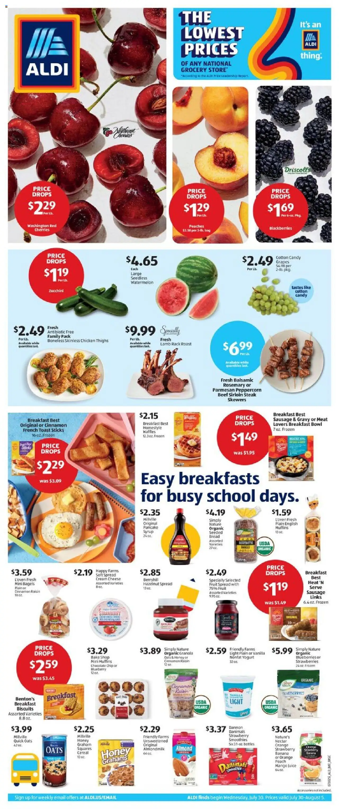 Aldi Weekly Ad - valid from 30.07.2025 | Page: 1 | Products: Cherries, Yogurt, Peach, Watermelon