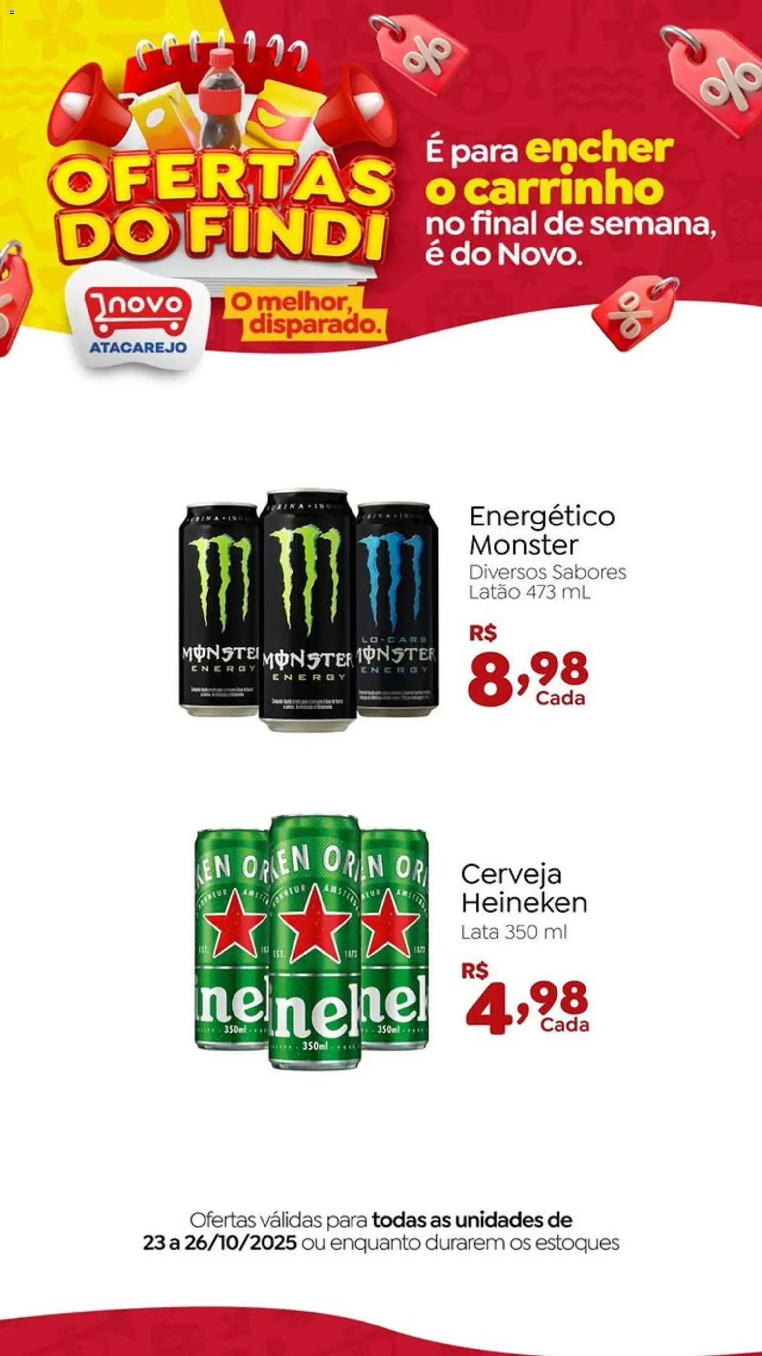 Novo Atacarejo Folheto - válido de 23.10.2025 | Página: 1 | Produtos: Energético, Cerveja, Carrinho, Heineken