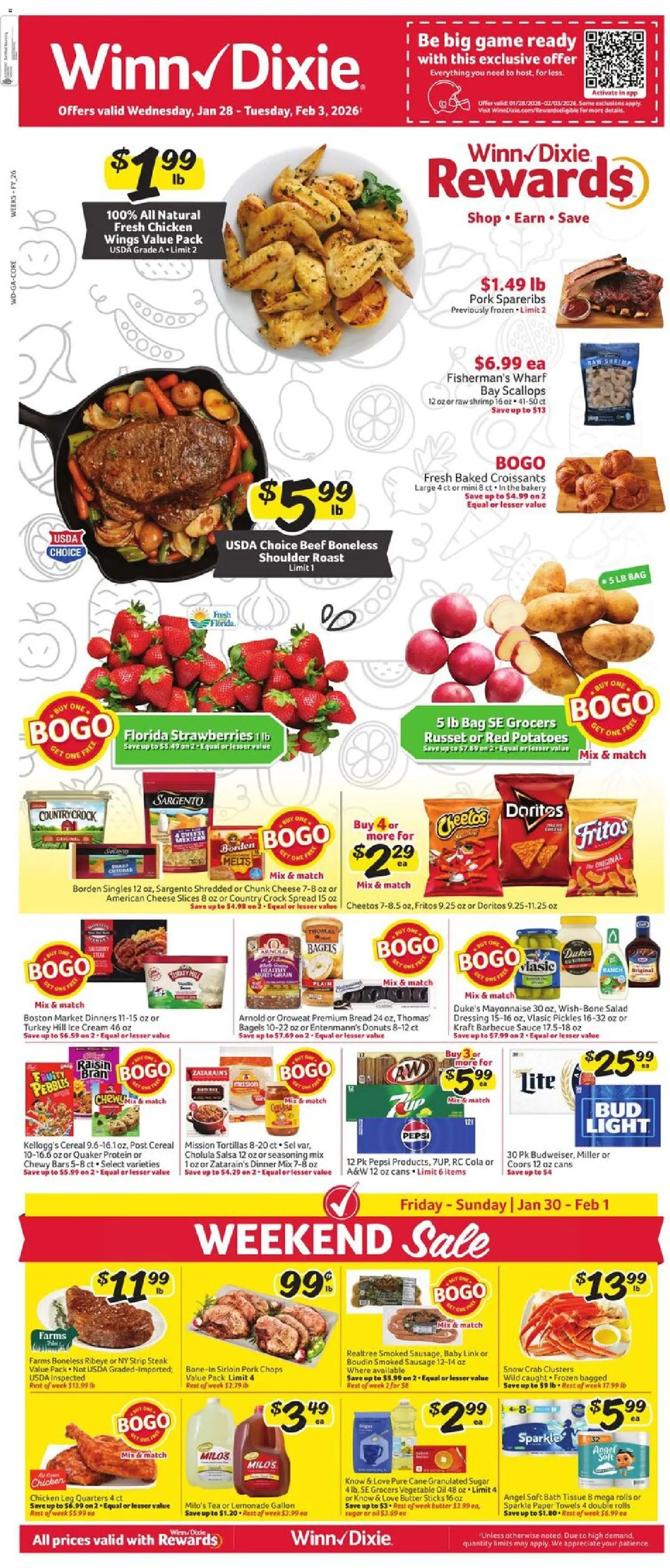 Winn Dixie Weekly Ad - valid from 28.01.2026 | Page: 1 | Products: Oil, Pork, Sugar, Bag