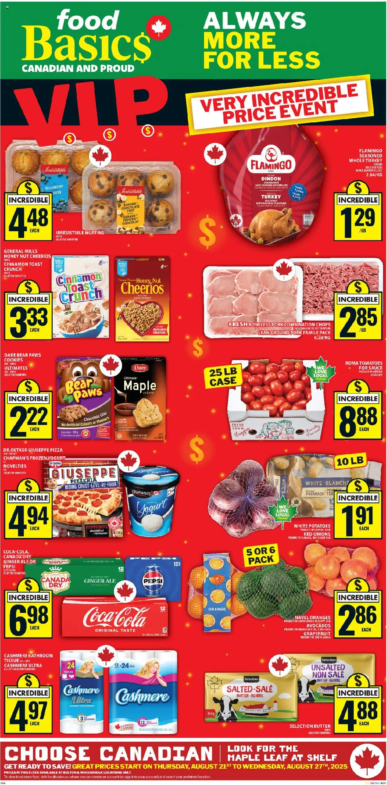 Food Basics flyer valid from 21.08.2025 | Page: 1 | Products: Case, Butter, Oranges, Tomatoes