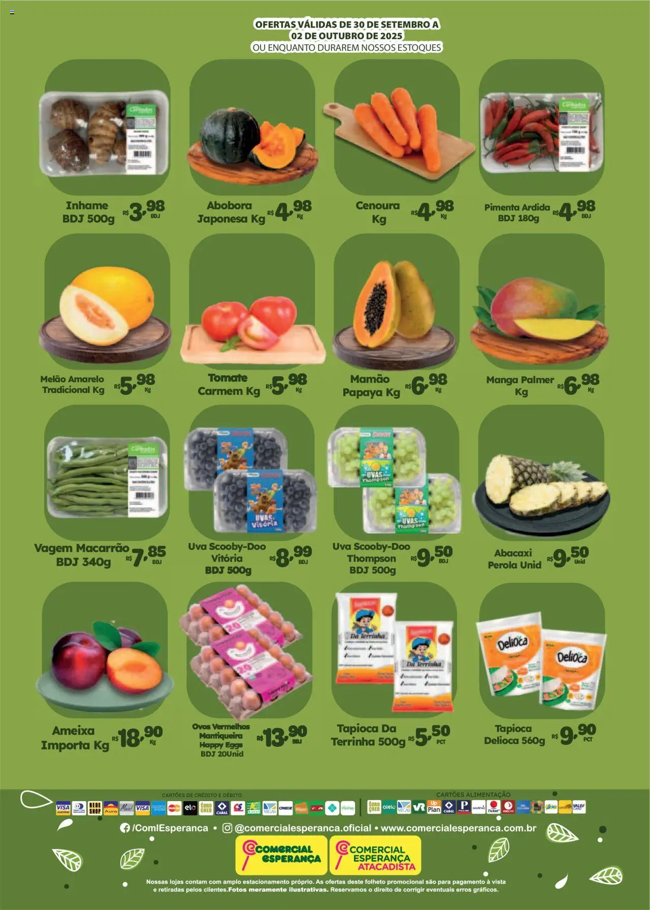 Comercial Esperança Folheto - válido de 30.09.2025 | Página: 2 | Produtos: Tapioca, Cenoura, Mamão, Uvas