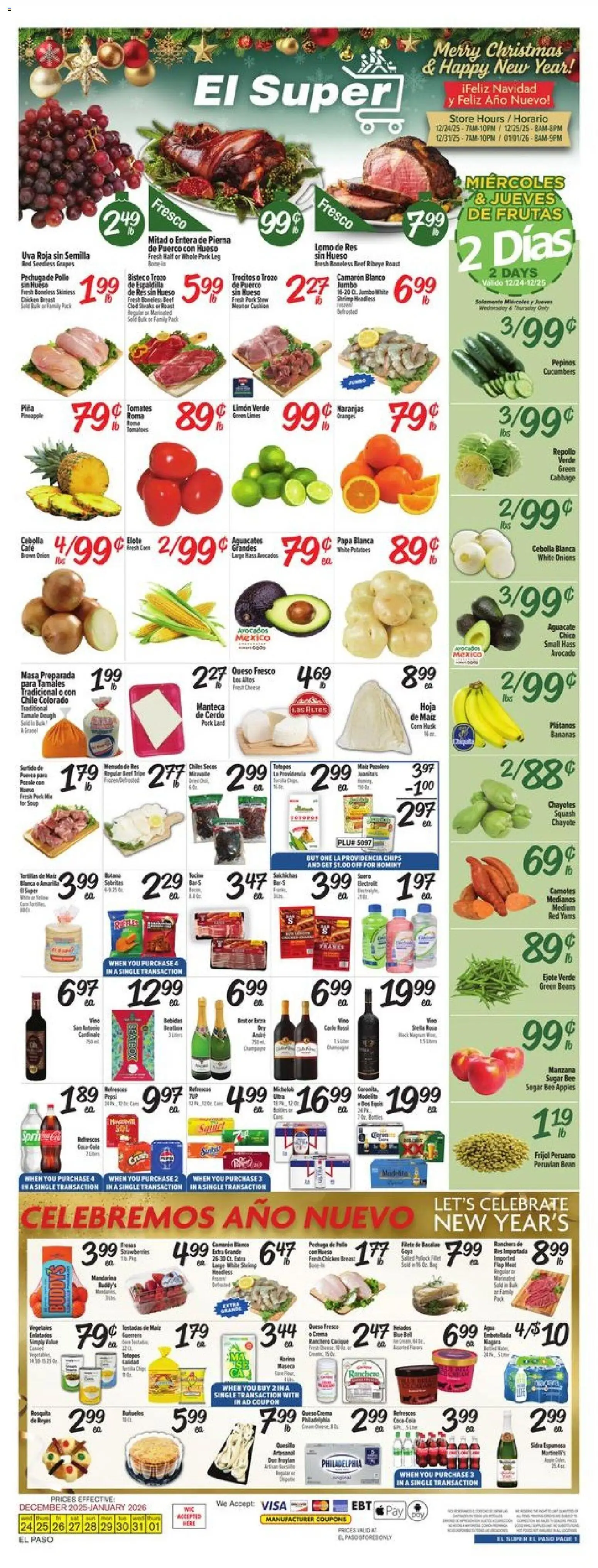 El Super Weekly Ad - TX - valid from 24.12.2025 | Page: 1 | Products: Pork, Beef, Cucumbers, Avocado