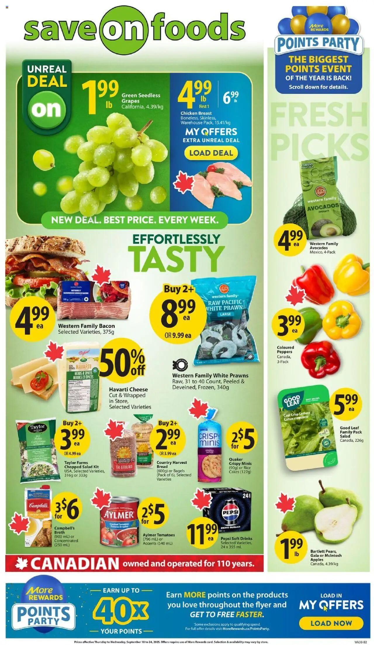 Save on foods flyer valid from 18.09.2025 | Page: 1 | Products: Salad, Cheese, Chicken, Apples