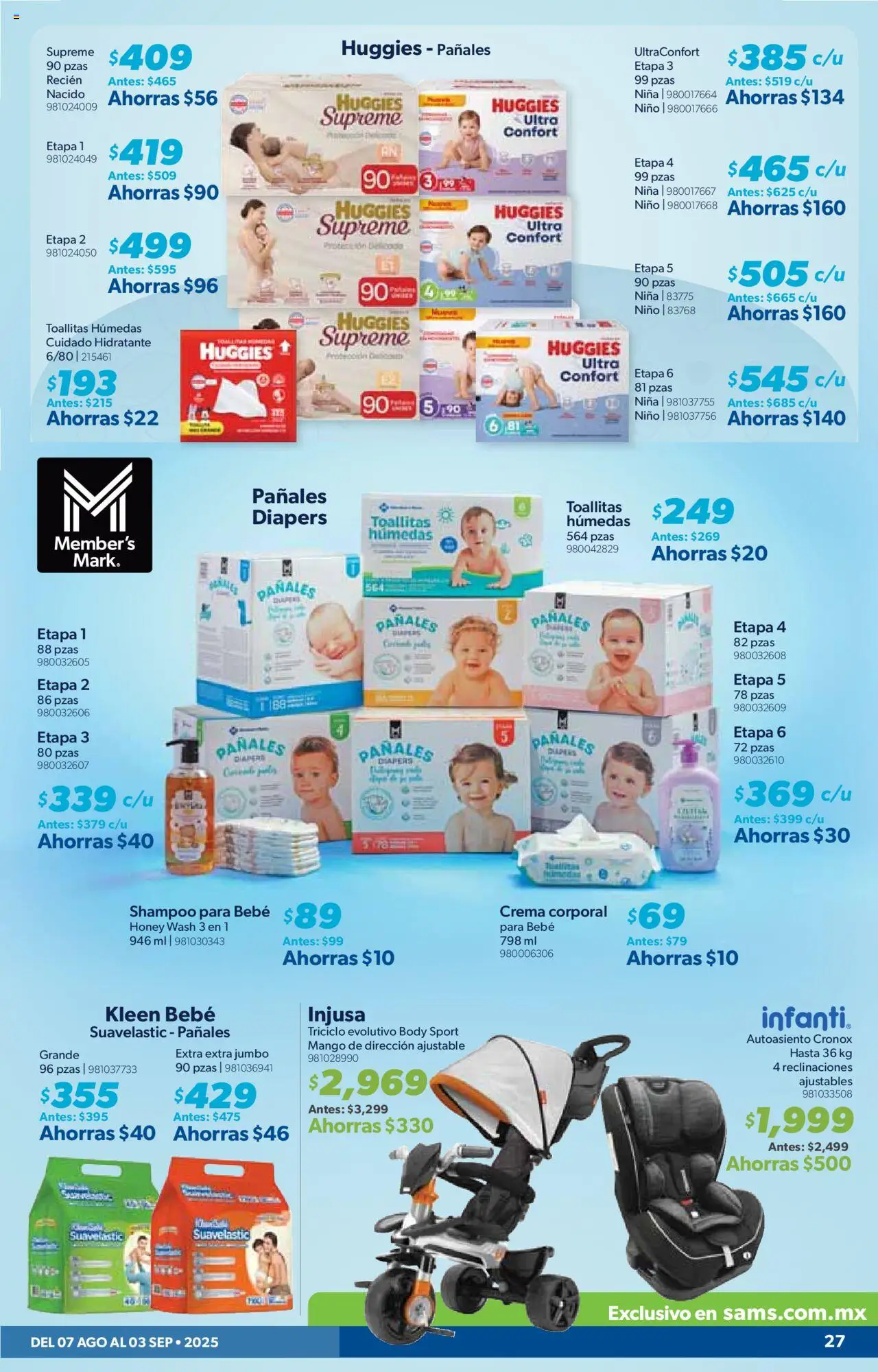 Nuevas ofertas de Sam's Club válidas en toda la República Mexicana desde el 07.08.2025. ¡Encuentra las mejores ofertas en Sam's Club - Catálogo Productos Especiales! | Página: 27 | Productos: Crema, Toallitas húmedas, Mango, Pañales