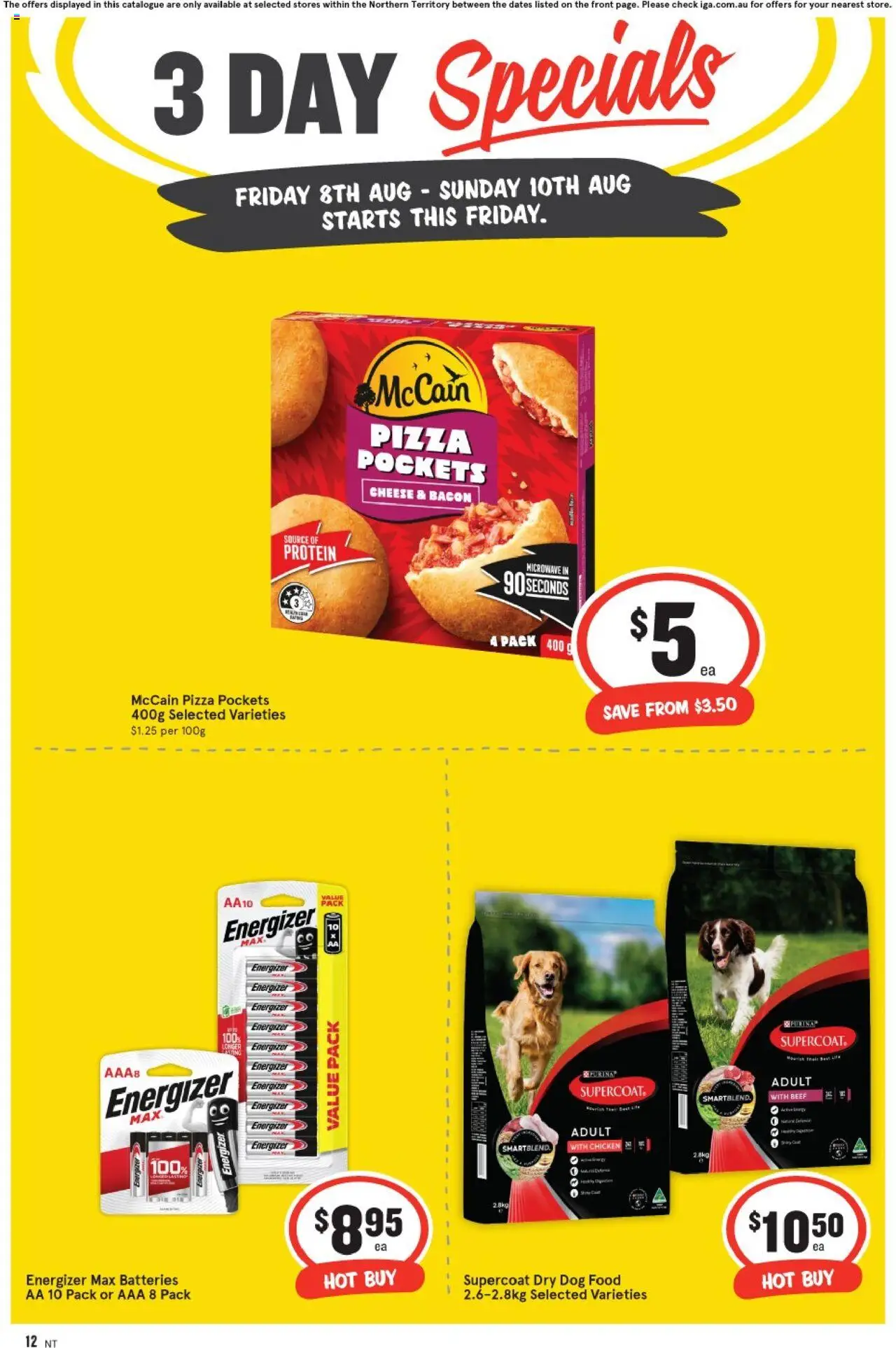 IGA catalogue - valid from 08.08.2025 | Page: 4 | Products: Pizza, Beef, Dog food, Batteries