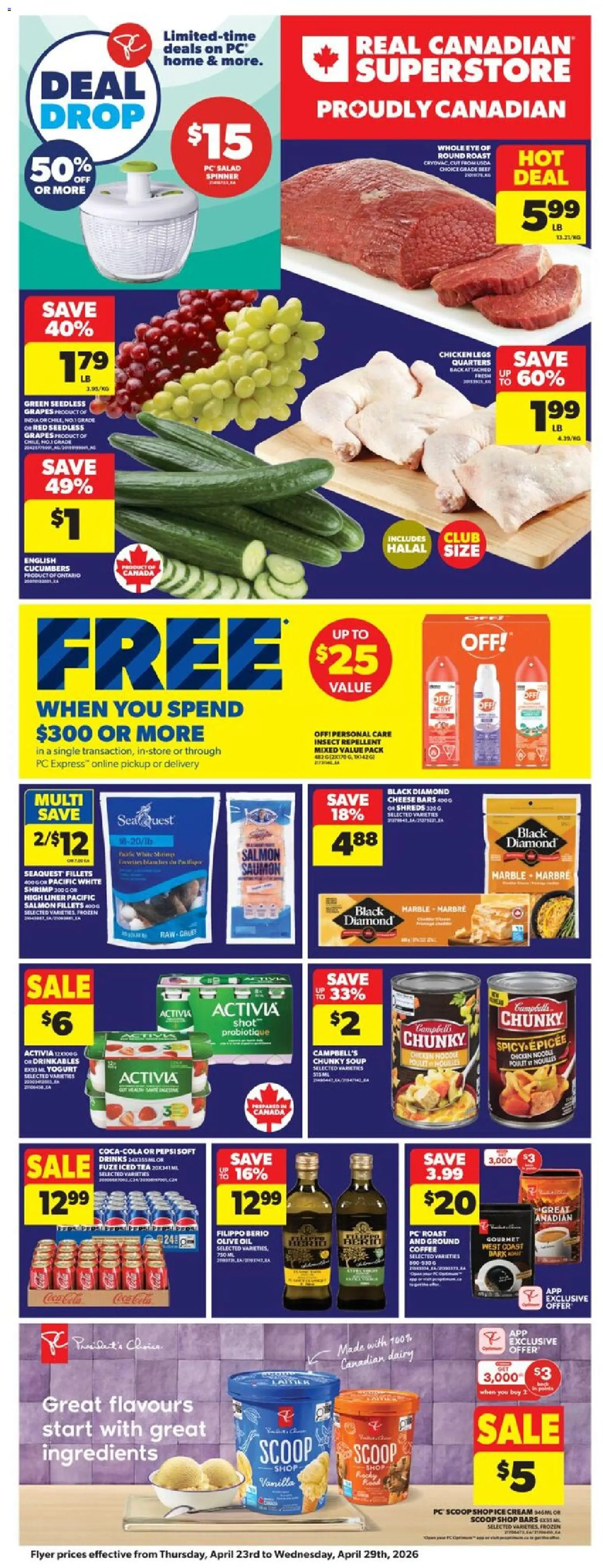 Real Canadian Superstore flyer valid from 23.04.2026 | Page: 3 | Products: Salad, PC, Oil, Chicken